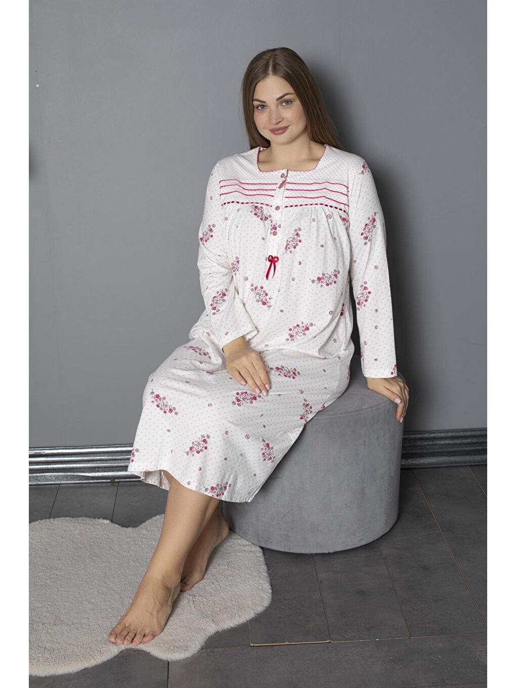 Fuşya %100 Pamuklu Mevsimlik Penye Uzun Kollu Büyük Beden Anne Geceliği 538-4