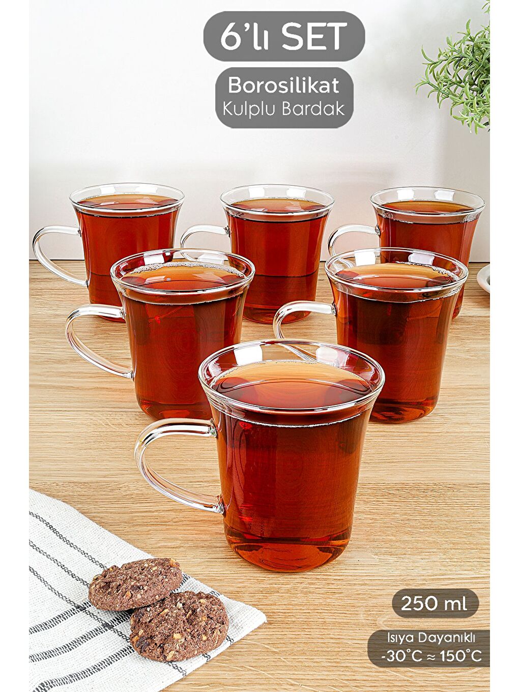 Renksiz 6'lı Kulplu Cam Çay Bardağı Takımı Borosilikat Cam Kupa Bardak Ofis Çay Kahve Bardağı 250 ml