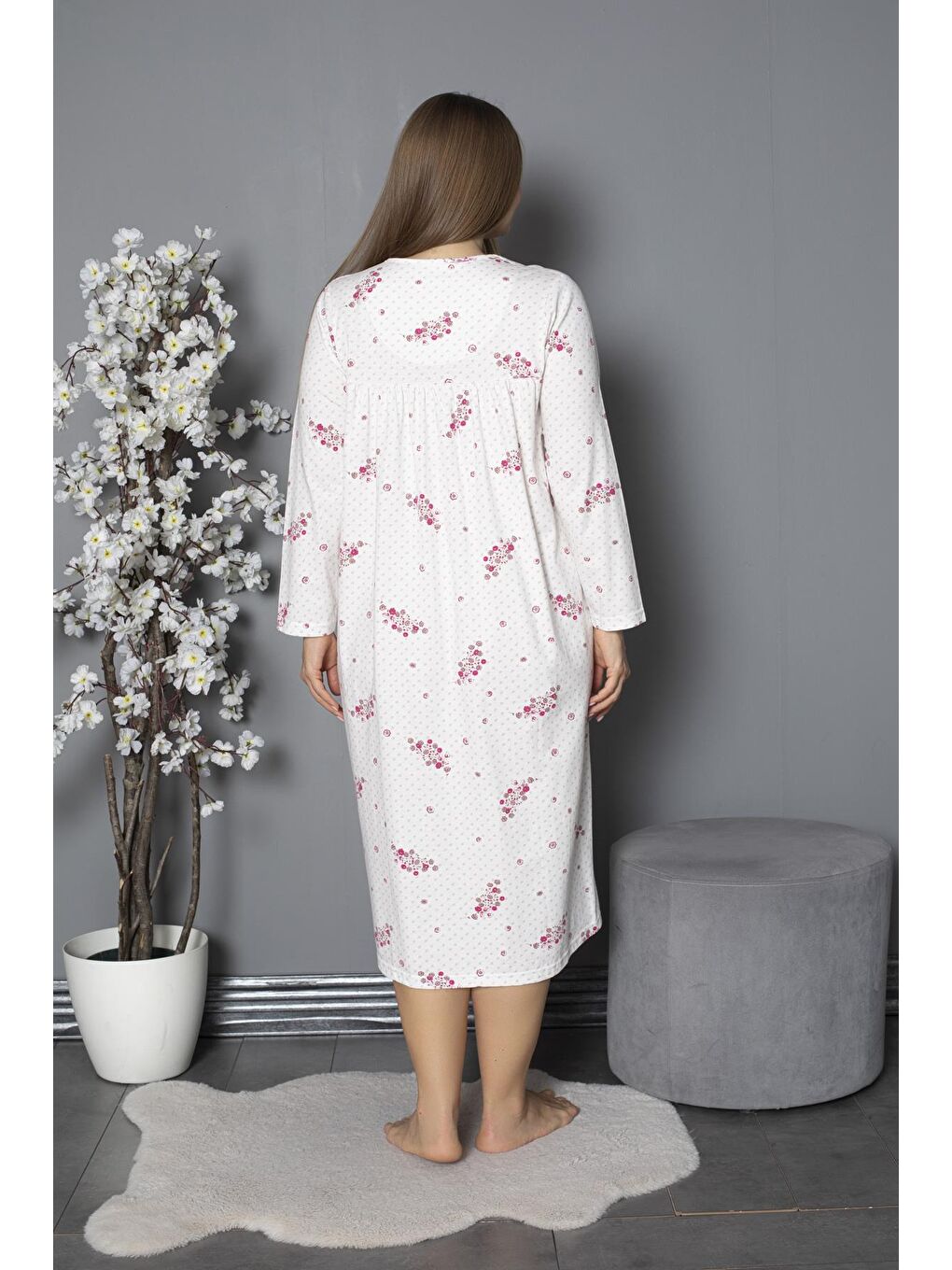 Fuşya %100 Pamuklu Mevsimlik Penye Uzun Kollu Büyük Beden Anne Geceliği 538-5