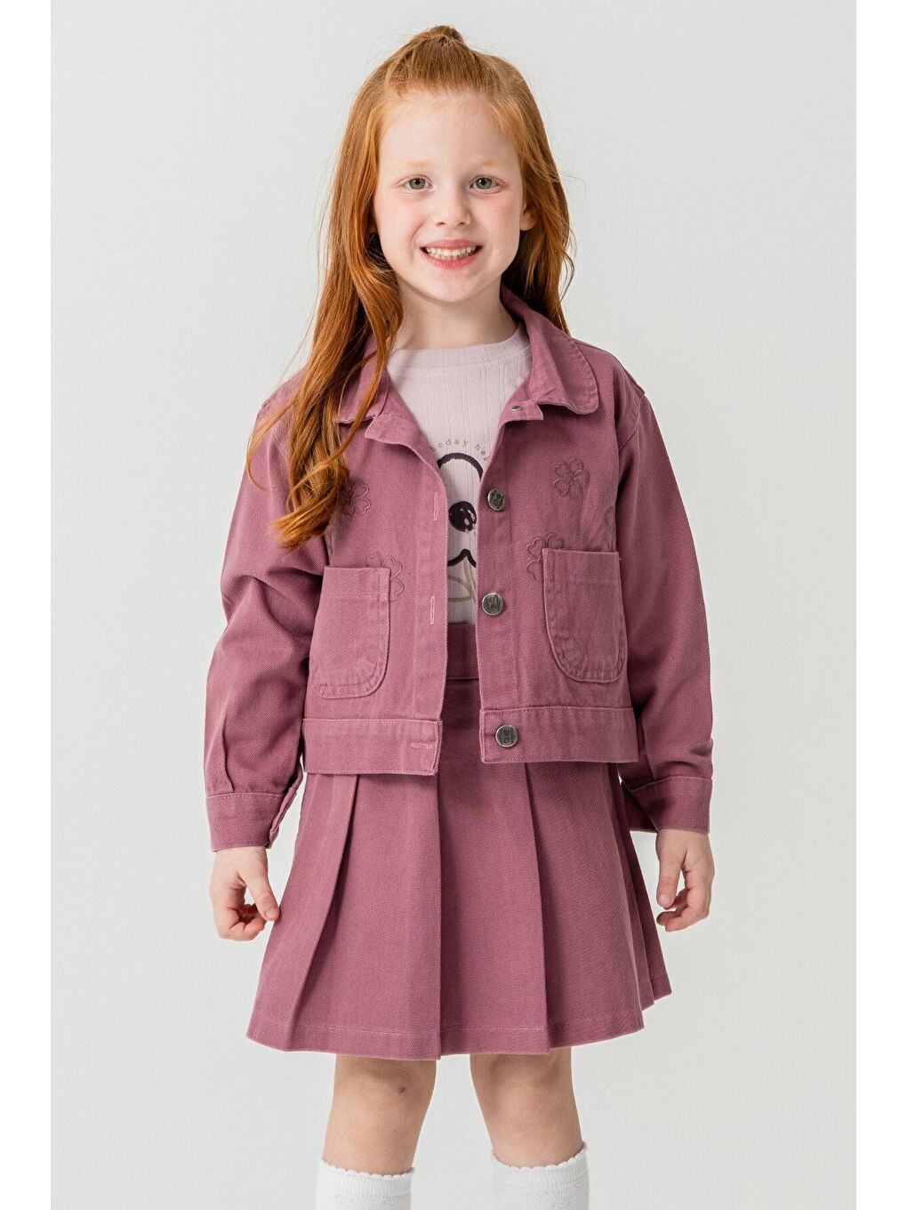 Mor Papatya Nakışlı Ceketli Kız Çocuk Jean Ceketli 3lü Takım 23432-1