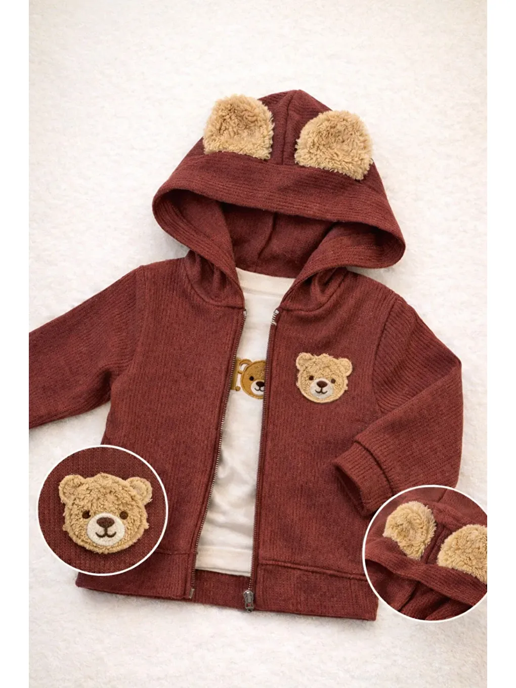 Kahverengi Ayıcık Kulaklı Waffle Kumaş Hırkalı 3’lü Bebek Takımı (6-24 Ay)-1