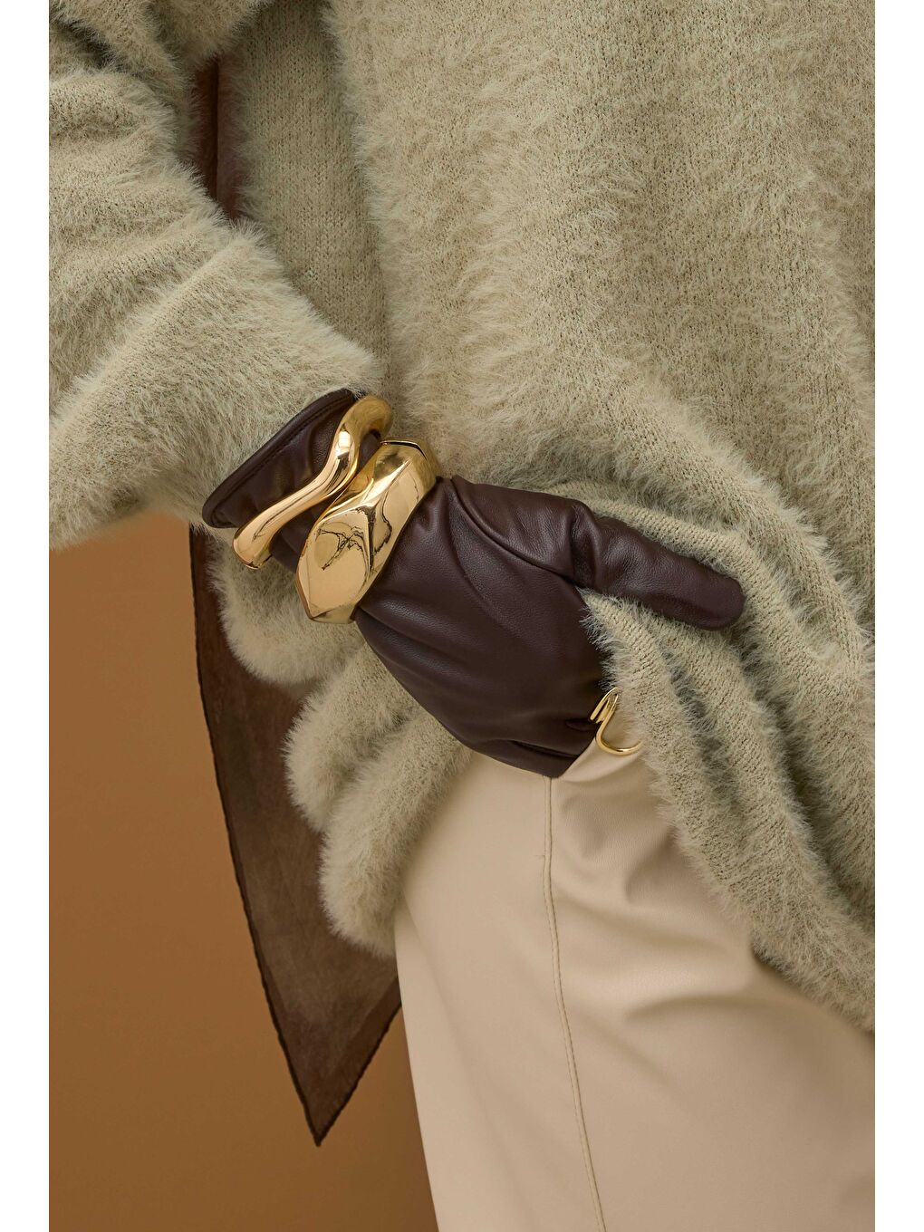 Kahverengi %100 Deri Kısa Eldiven Acı Kahve-4