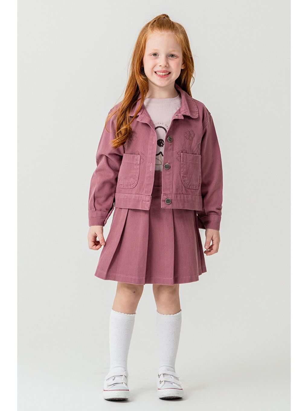 Mor Papatya Nakışlı Ceketli Kız Çocuk Jean Ceketli 3lü Takım 23432-2
