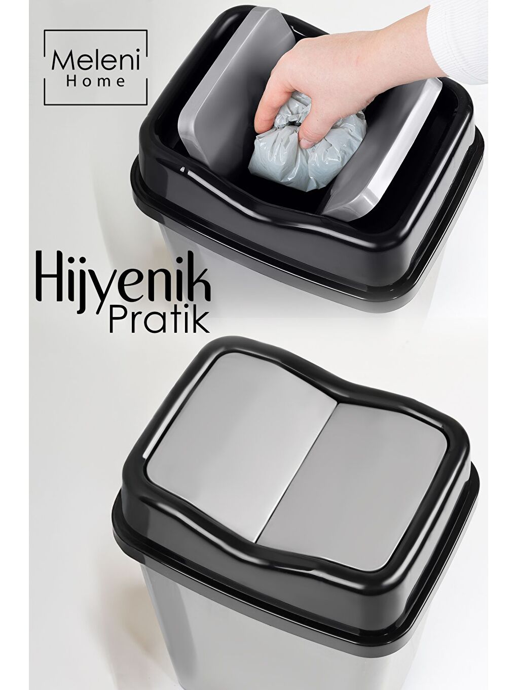 Çift Kapaklı Plastik Çöp Kovası Ev Ofis Banyo Mutfak Çöp Kovası Gri 20 Litre-1