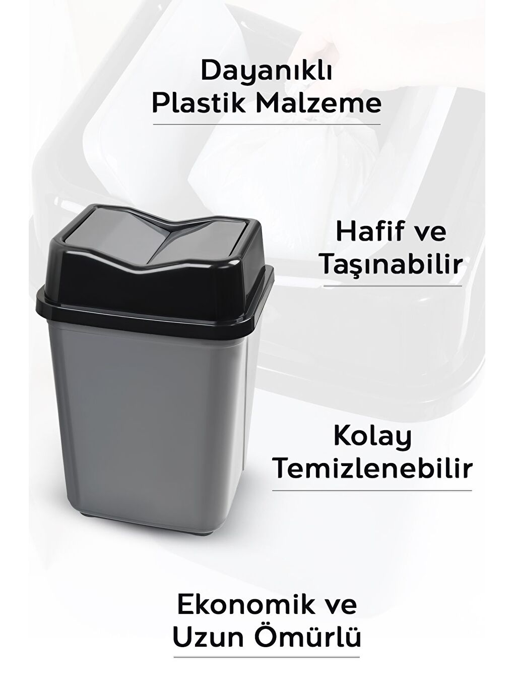 Çift Kapaklı Plastik Çöp Kovası Ev Ofis Banyo Mutfak Çöp Kovası Gri 20 Litre-2