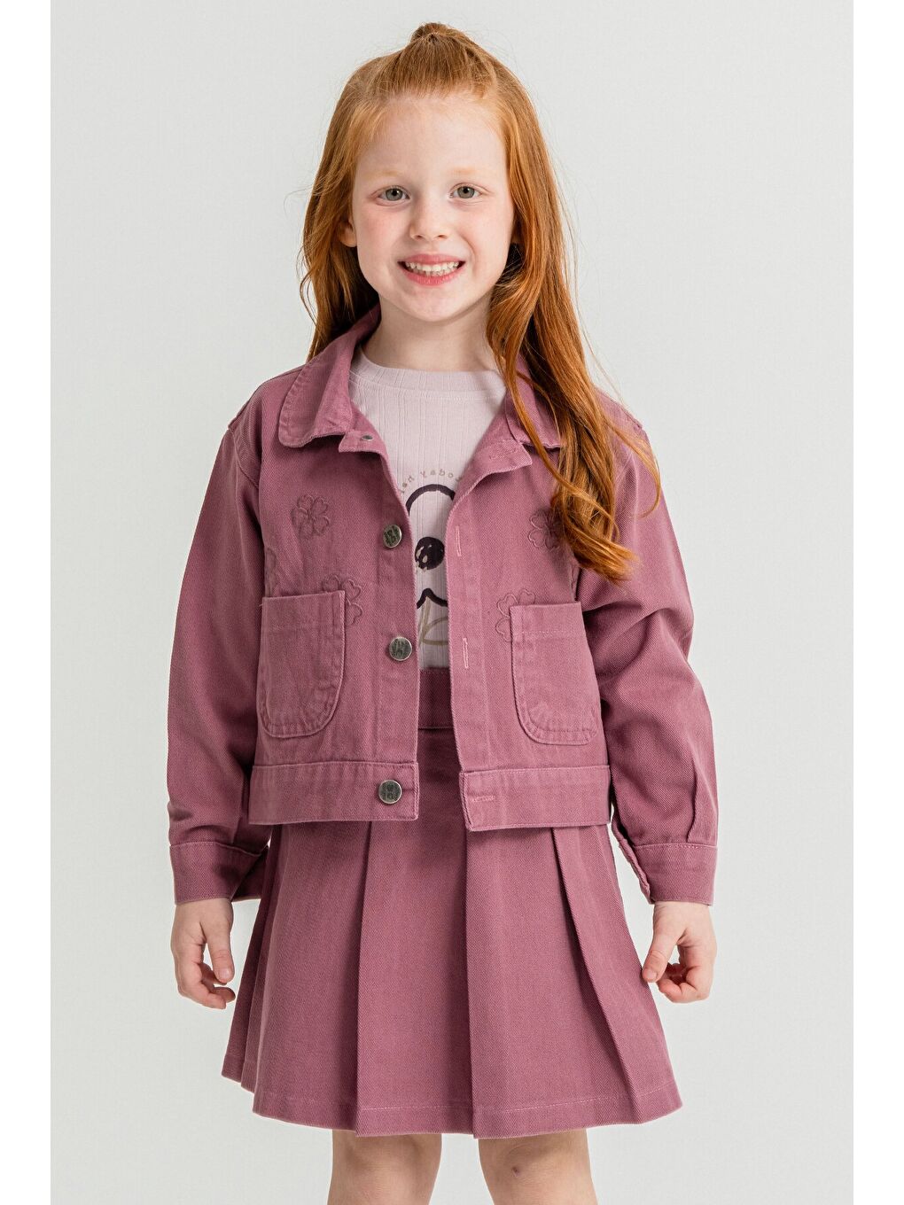 Mor Papatya Nakışlı Ceketli Kız Çocuk Jean Ceketli 3lü Takım 23432-3