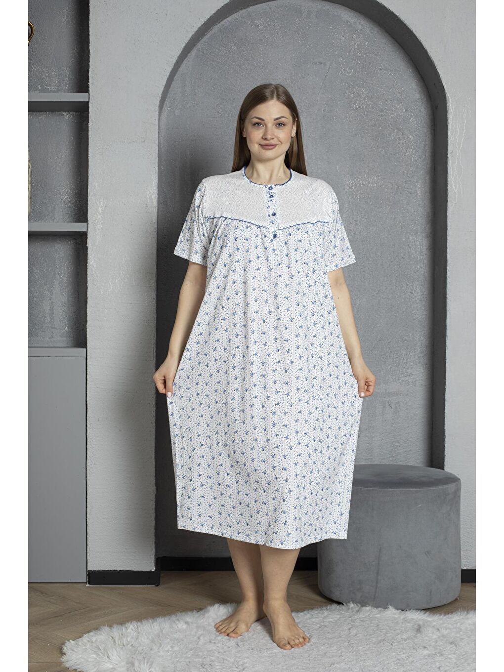 Mavi %100 Pamuklu Penye Kısa Kollu Büyük Beden Anne Geceliği 160