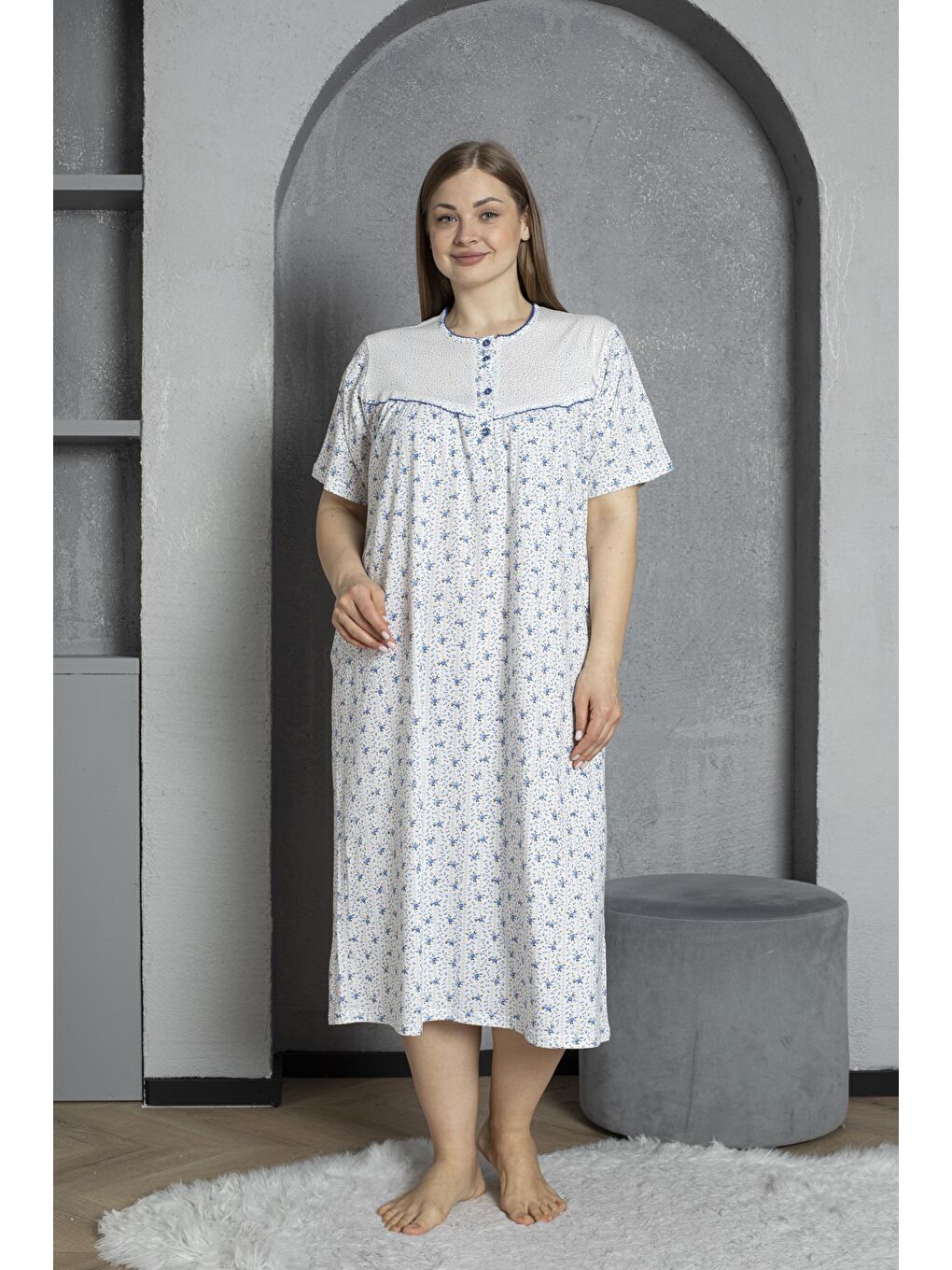 Mavi %100 Pamuklu Penye Kısa Kollu Büyük Beden Anne Geceliği 160-1