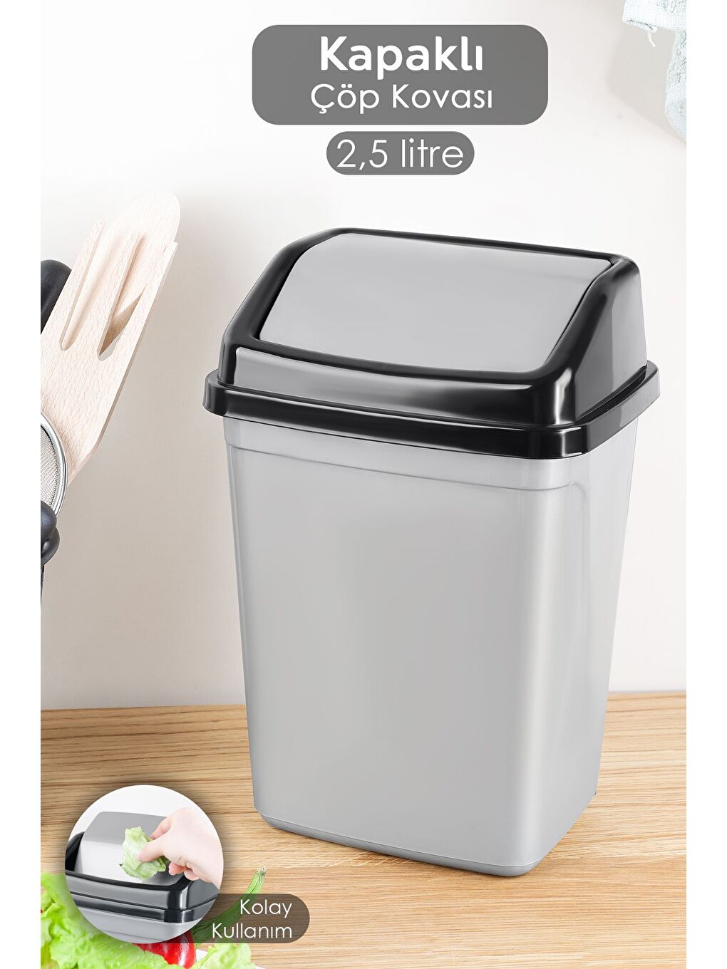Kapaklı Plastik Çöp Kovası Ev Ofis Banyo Mutfak Tezgah Üstü Çöp Kovası Gri 2,5 lt'litre