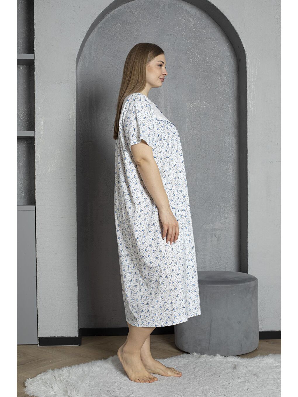 Mavi %100 Pamuklu Penye Kısa Kollu Büyük Beden Anne Geceliği 160-2