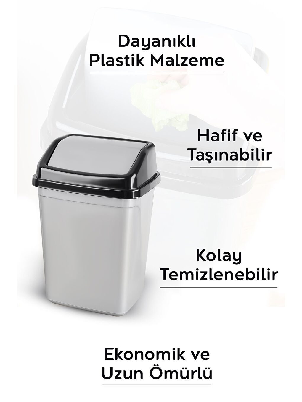 Kapaklı Plastik Çöp Kovası Ev Ofis Banyo Mutfak Tezgah Üstü Çöp Kovası Gri 2,5 lt'litre-2
