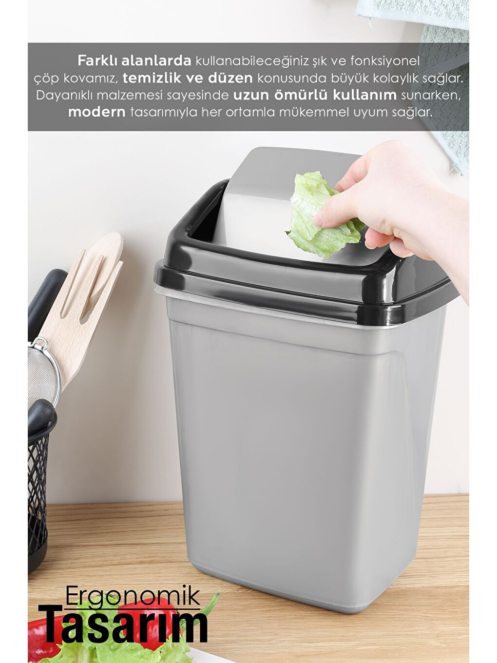 Kapaklı Plastik Çöp Kovası Ev Ofis Banyo Mutfak Tezgah Üstü Çöp Kovası Gri 2,5 lt'litre-3