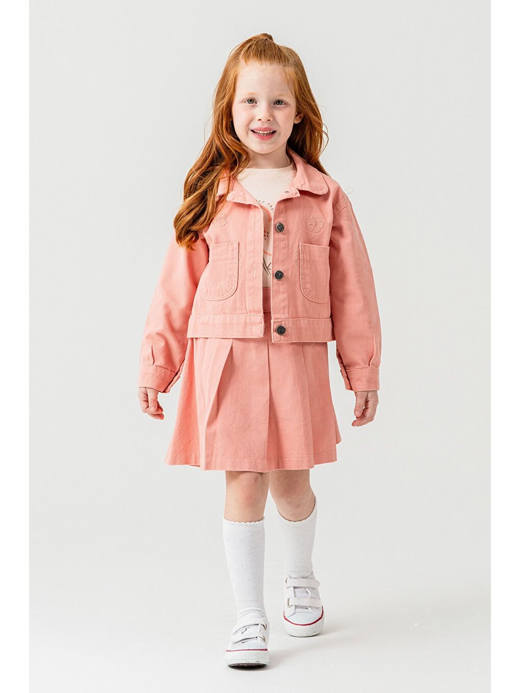 Pembe Somon Papatya Nakışlı Ceketli Kız Çocuk Jean Ceketli 3lü Takım 23433