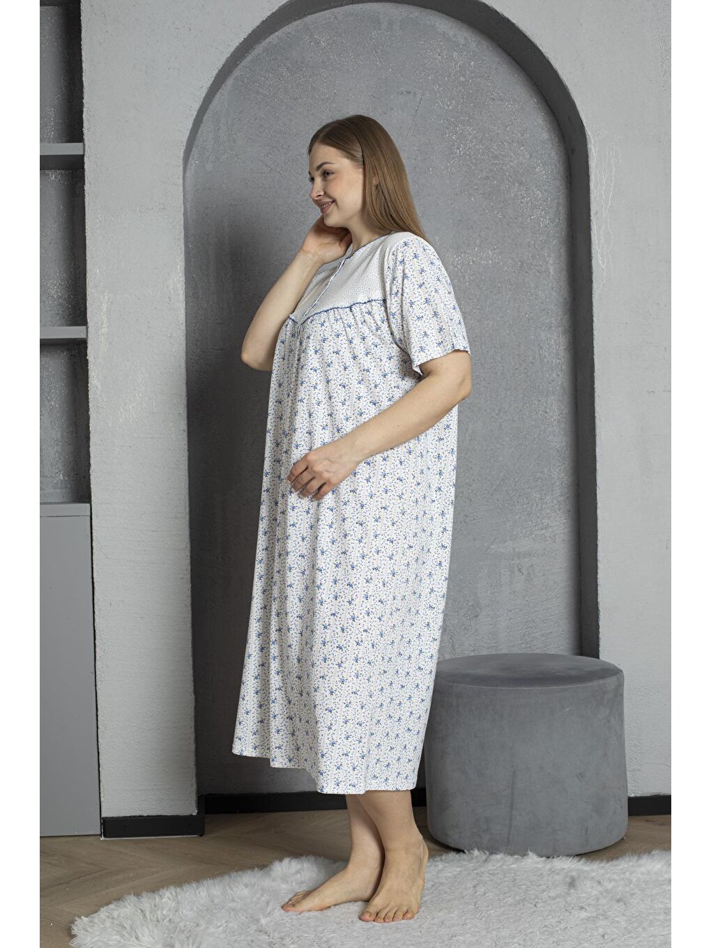 Mavi %100 Pamuklu Penye Kısa Kollu Büyük Beden Anne Geceliği 160-3