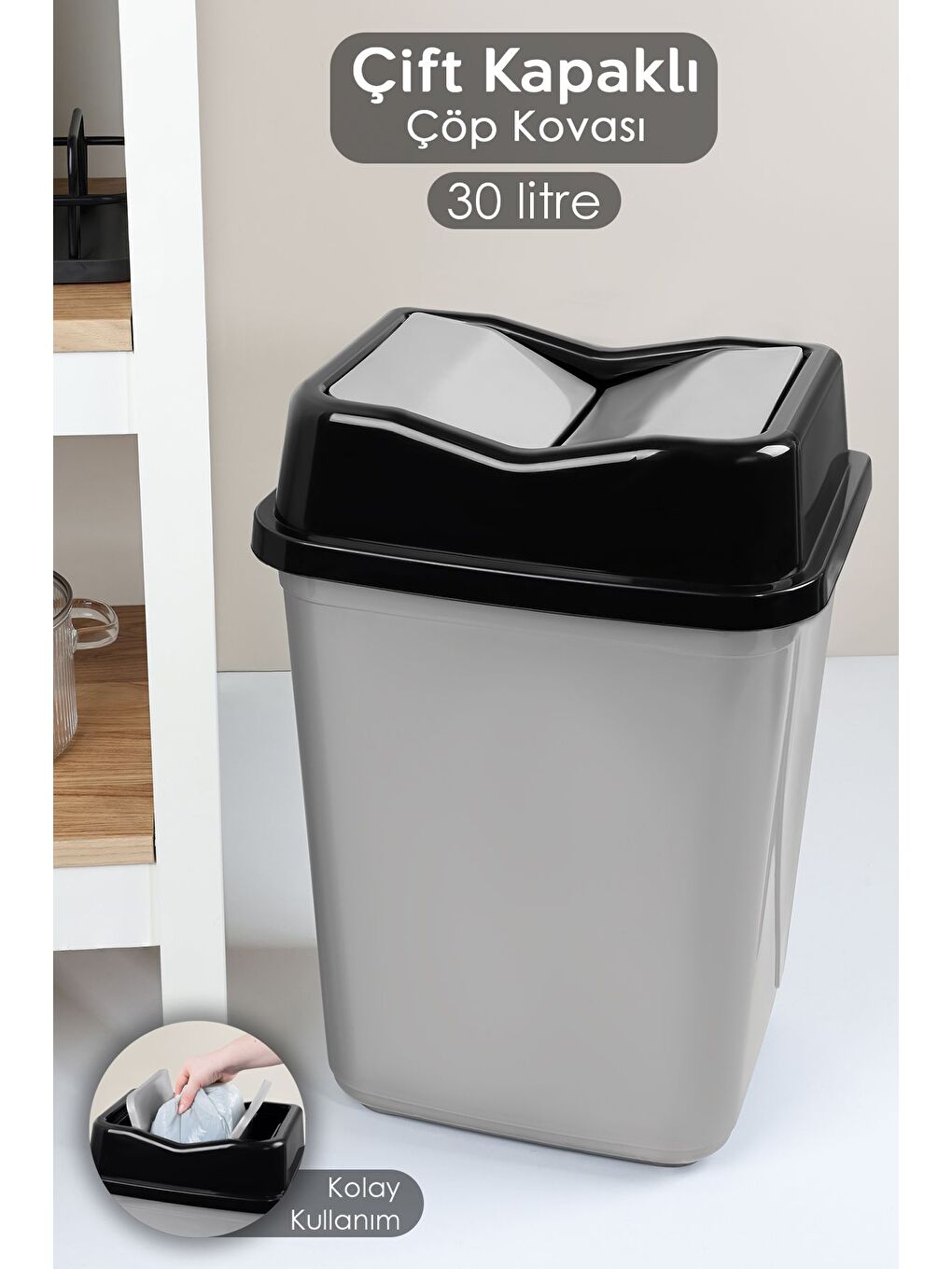 Çift Kapaklı Plastik Çöp Kovası Ev Ofis Banyo Mutfak Çöp Kovası Gri 30 Litre