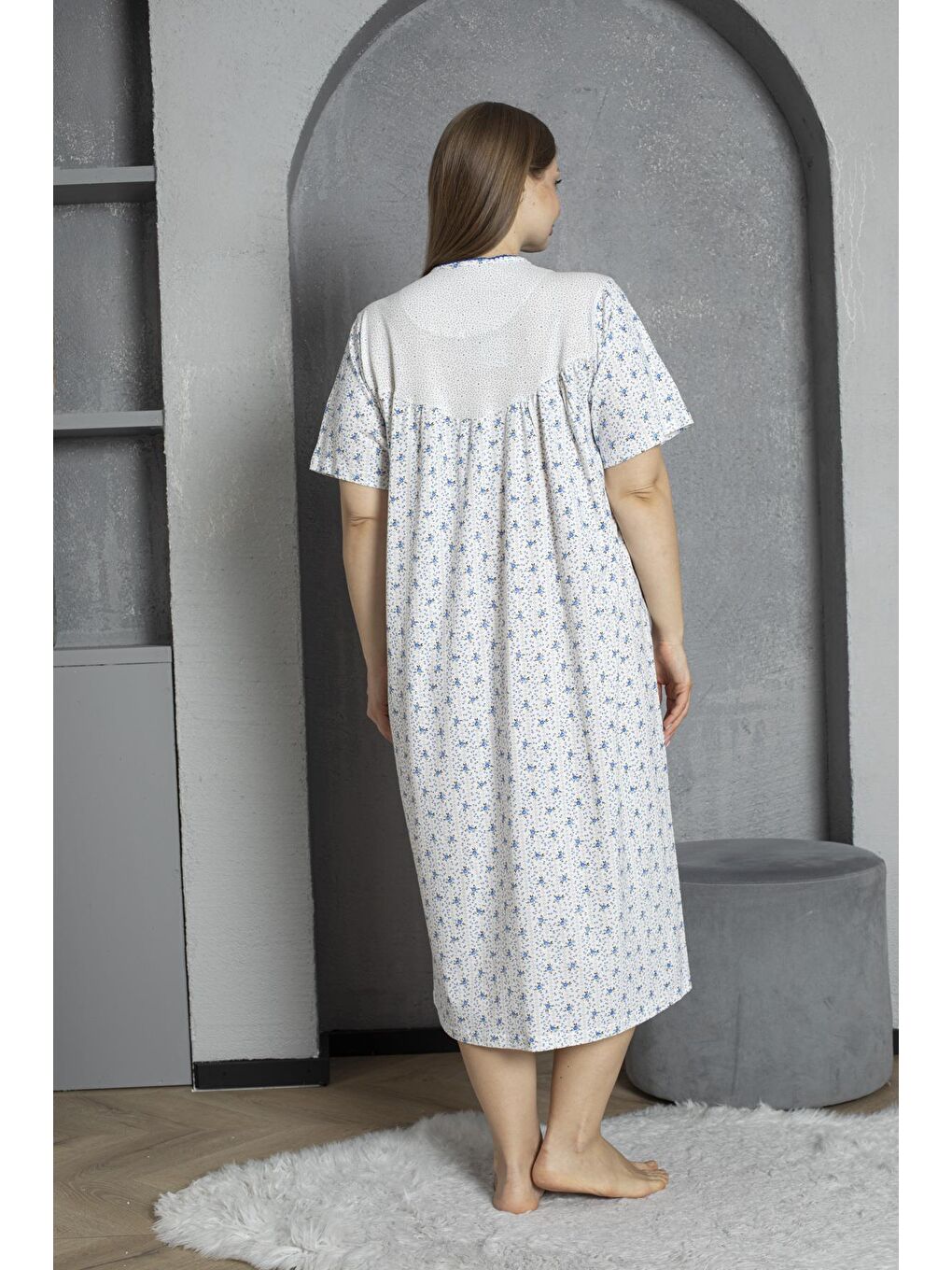 Mavi %100 Pamuklu Penye Kısa Kollu Büyük Beden Anne Geceliği 160-4