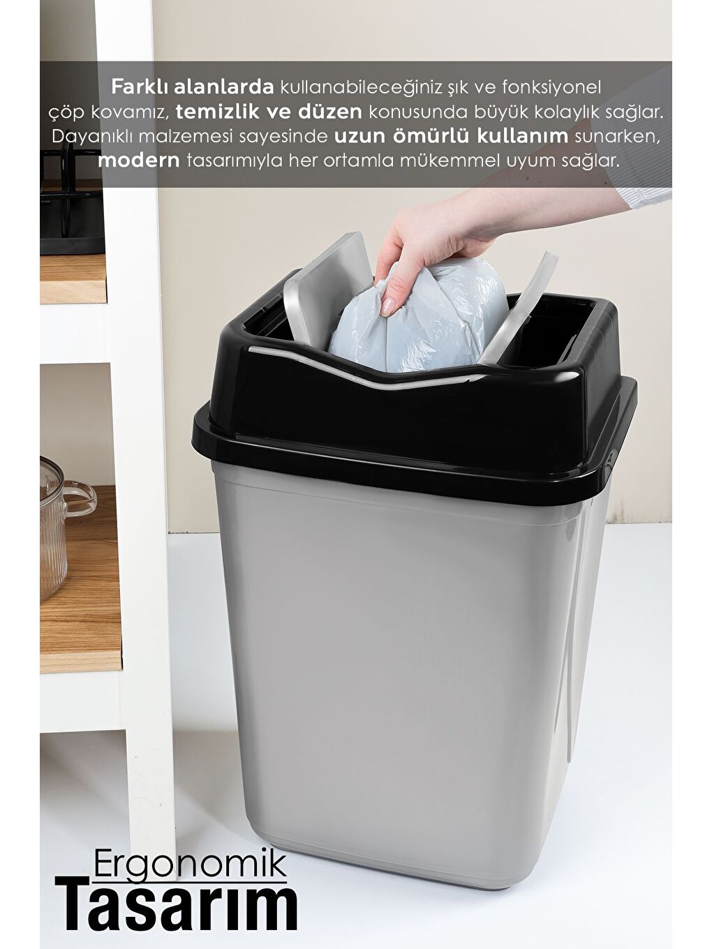 Çift Kapaklı Plastik Çöp Kovası Ev Ofis Banyo Mutfak Çöp Kovası Gri 30 Litre-3