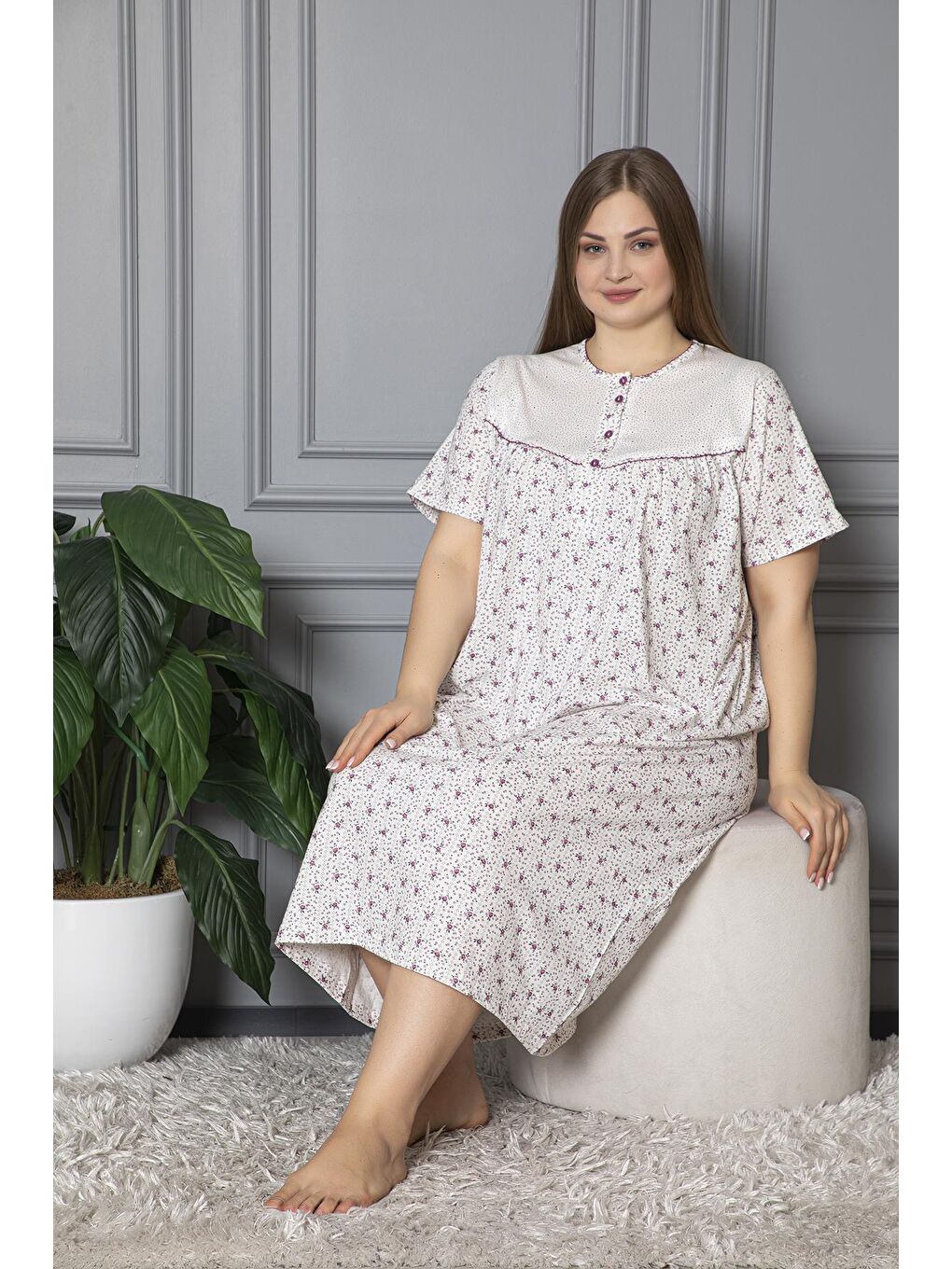 Mürdüm %100 Pamuklu Penye Kısa Kollu Büyük Beden Anne Geceliği 160-1