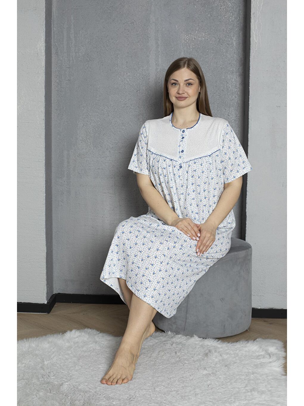 Mavi %100 Pamuklu Penye Kısa Kollu Büyük Beden Anne Geceliği 160-5