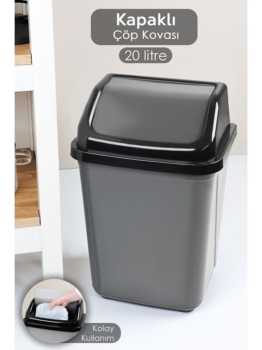 Kapaklı Plastik Çöp Kovası Ev Ofis Banyo Mutfak Çöp Kovası Gri 20 Litre