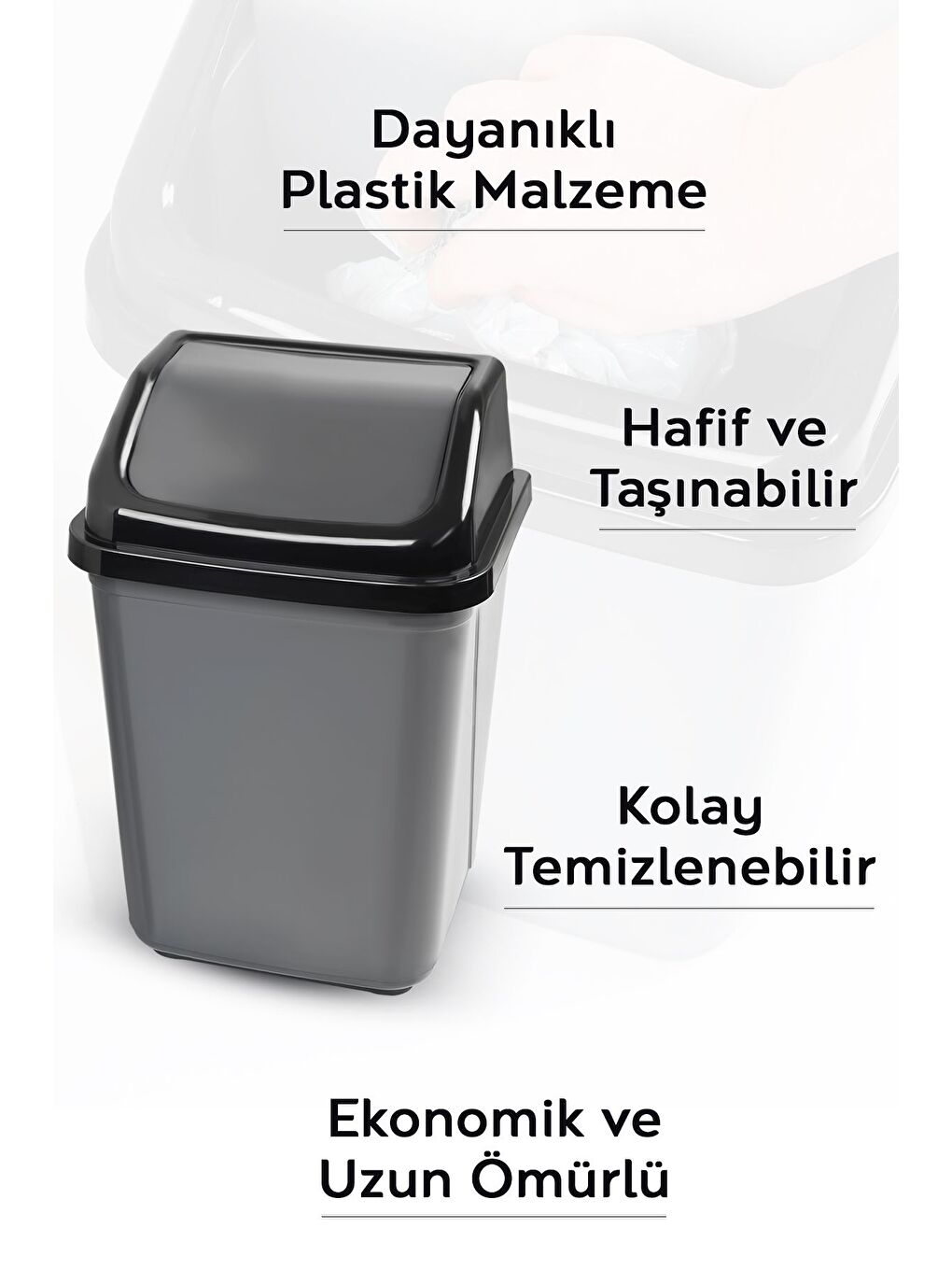Kapaklı Plastik Çöp Kovası Ev Ofis Banyo Mutfak Çöp Kovası Gri 20 Litre-2