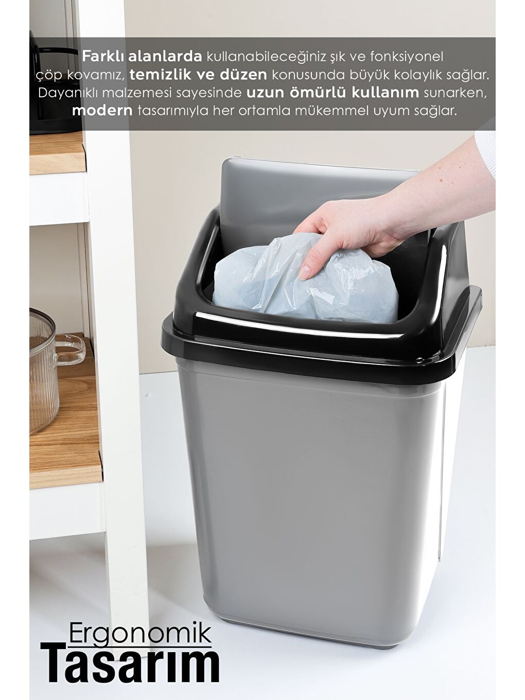 Kapaklı Plastik Çöp Kovası Ev Ofis Banyo Mutfak Çöp Kovası Gri 20 Litre-3