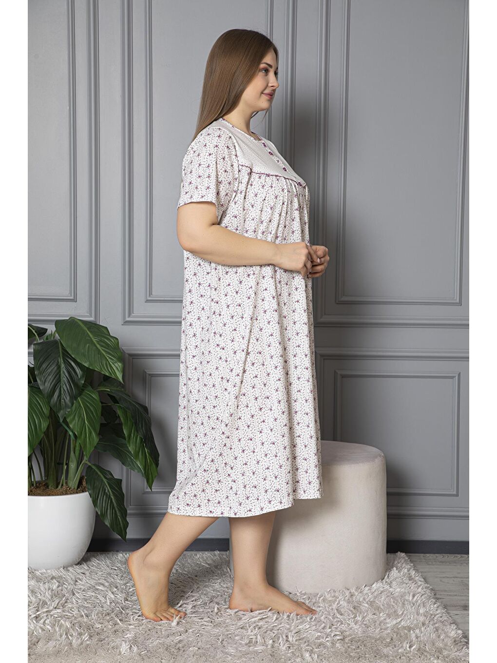 Mürdüm %100 Pamuklu Penye Kısa Kollu Büyük Beden Anne Geceliği 160-2