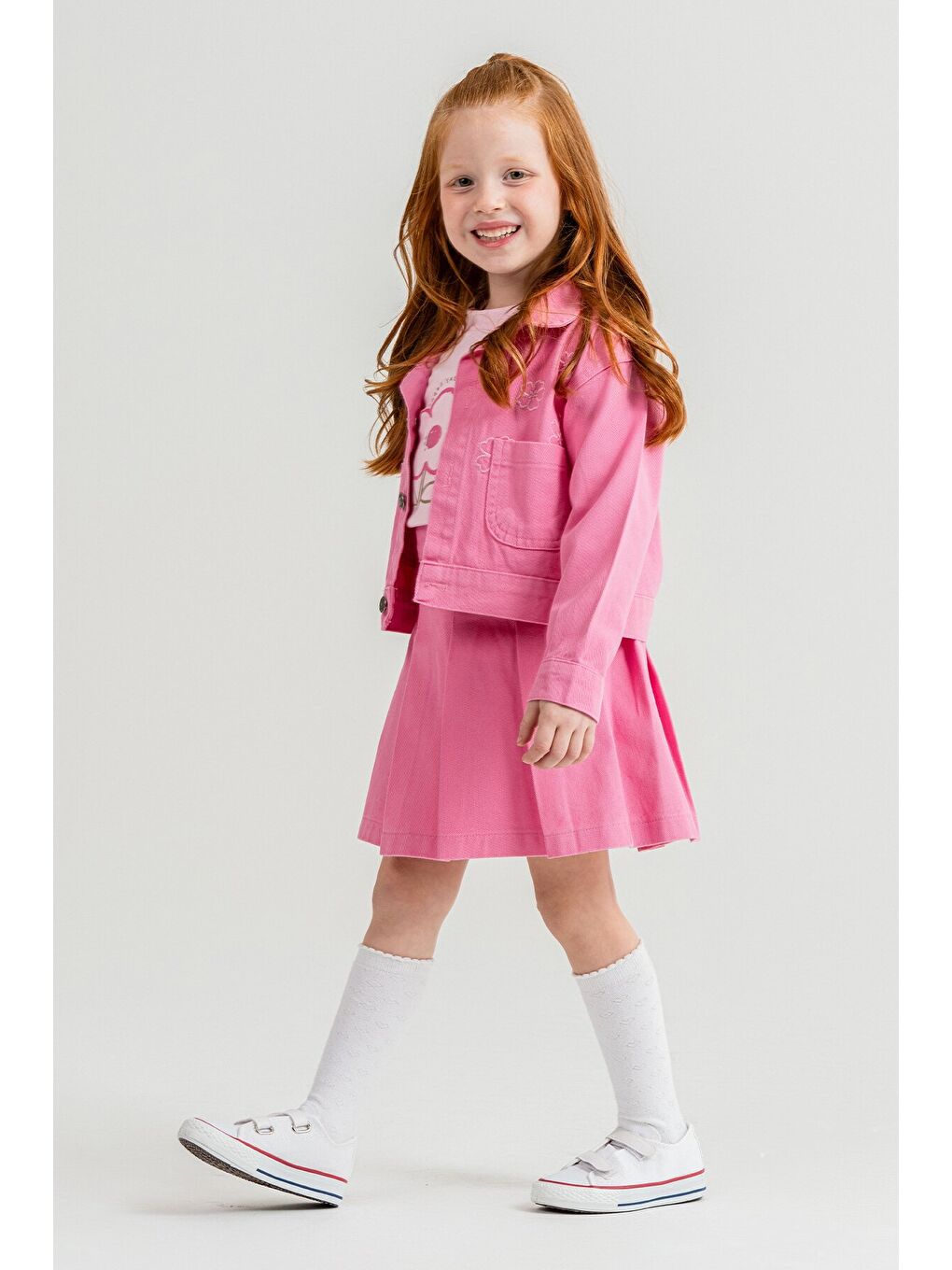 Pembe Papatya Nakışlı Ceketli Kız Çocuk Jean Ceketli 3lü Takım 23431-1