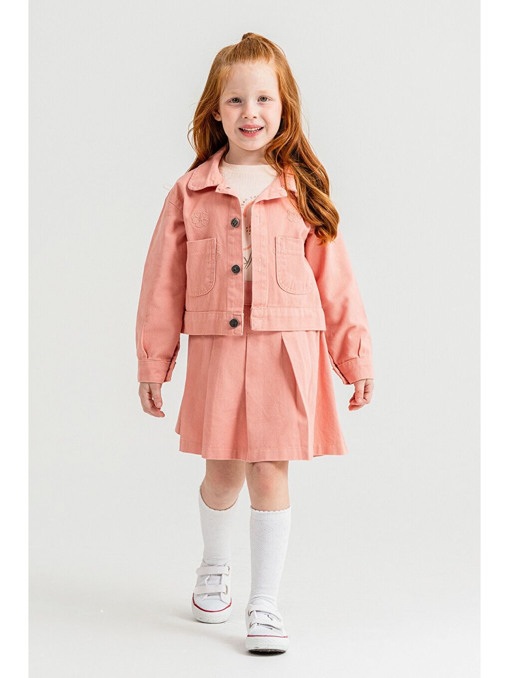 Pembe Somon Papatya Nakışlı Ceketli Kız Çocuk Jean Ceketli 3lü Takım 23433-2