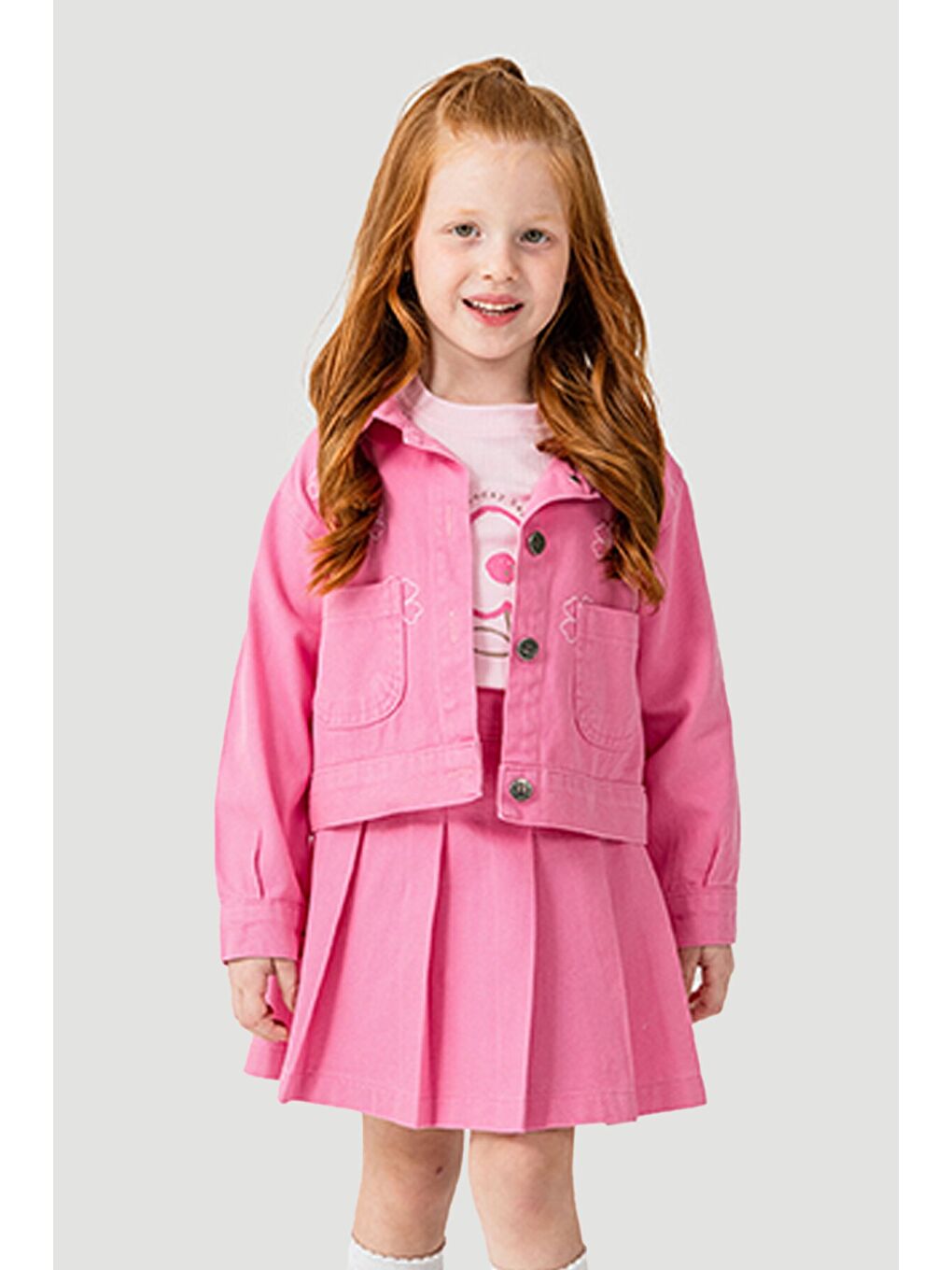 Pembe Papatya Nakışlı Ceketli Kız Çocuk Jean Ceketli 3lü Takım 23431-2