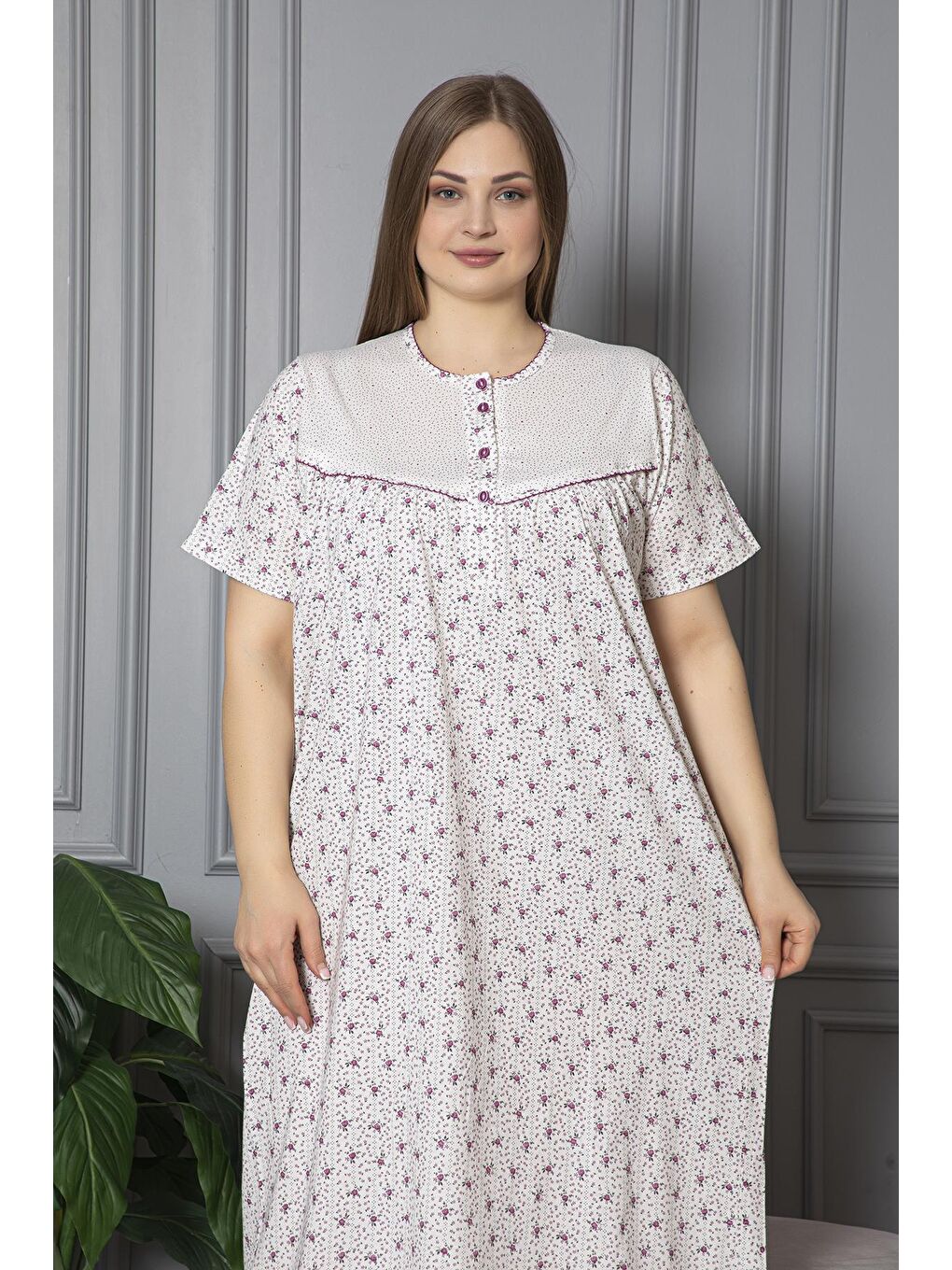 Mürdüm %100 Pamuklu Penye Kısa Kollu Büyük Beden Anne Geceliği 160-3