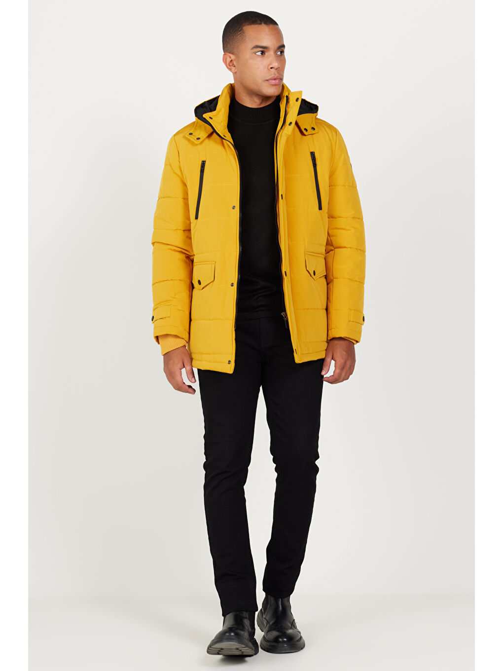 Erkek Sarı Standart Fit Normal Kesim Dik Yaka Soğuk Geçirmez Outdoor Kaban-1