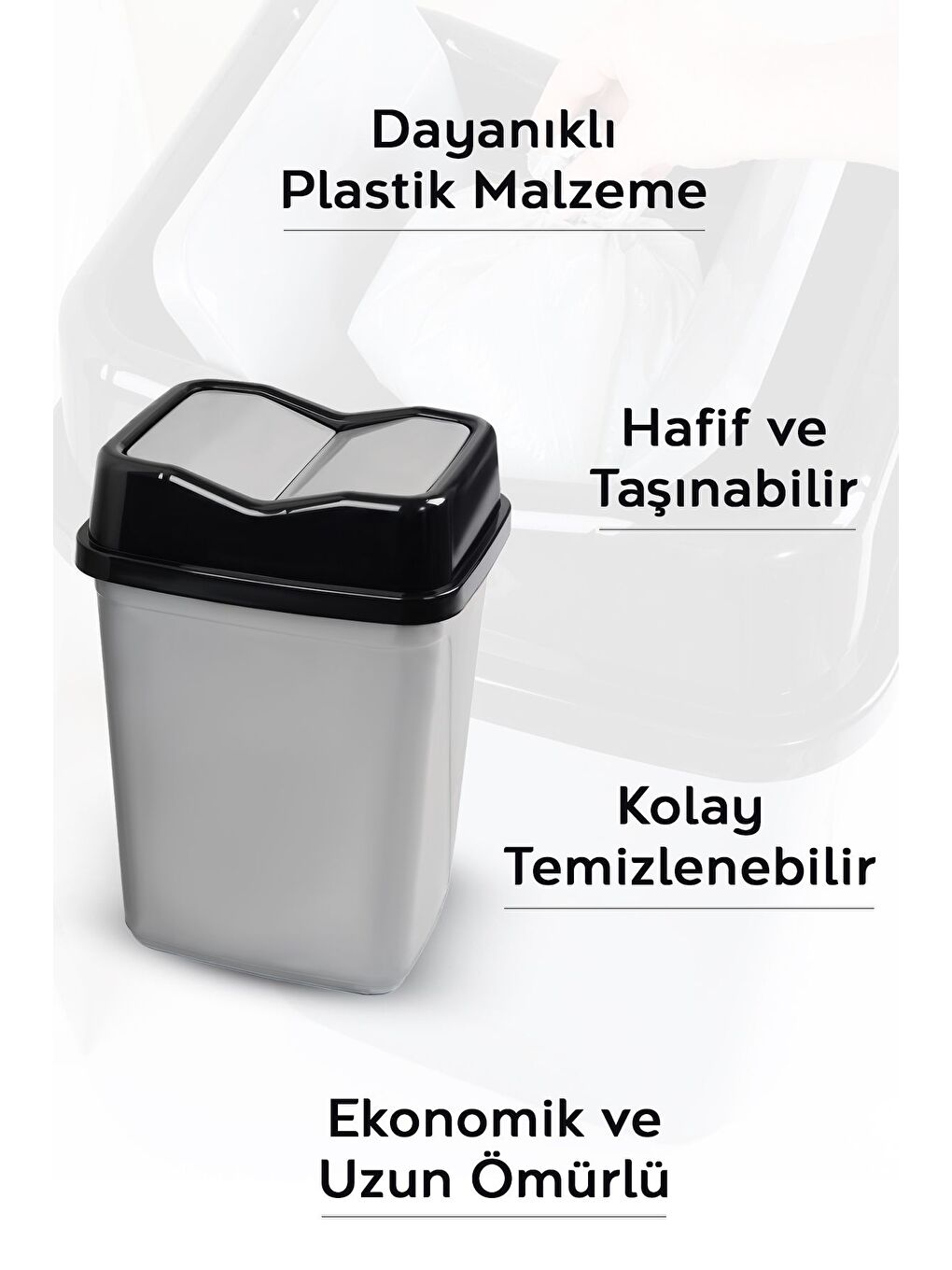 Çift Kapaklı Plastik Çöp Kovası Ev Ofis Banyo Mutfak Çöp Kovası Gri 10 Litre-2