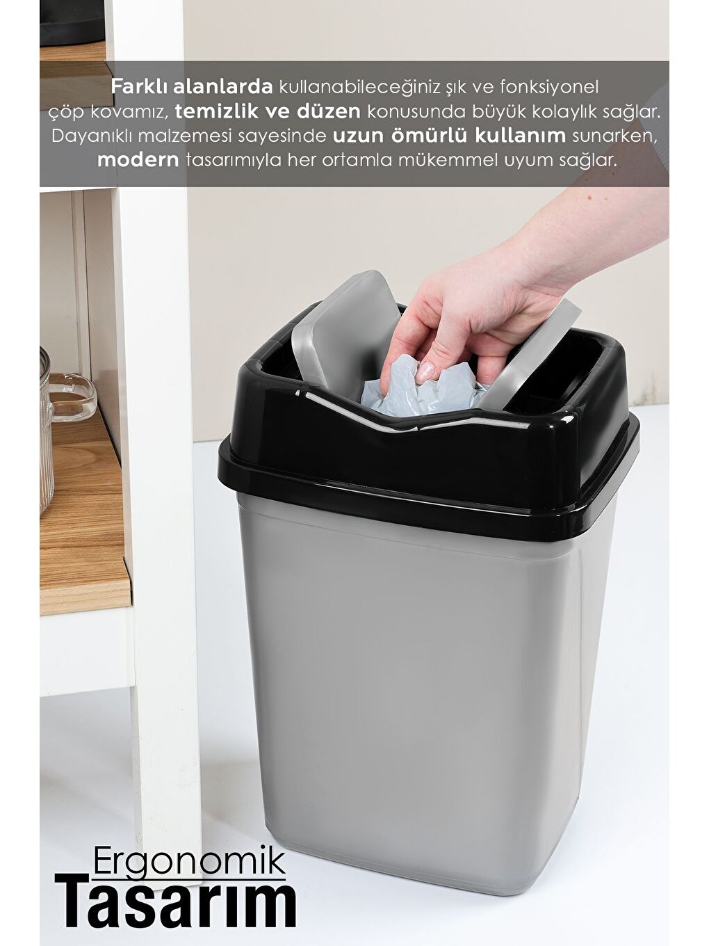 Çift Kapaklı Plastik Çöp Kovası Ev Ofis Banyo Mutfak Çöp Kovası Gri 10 Litre-3