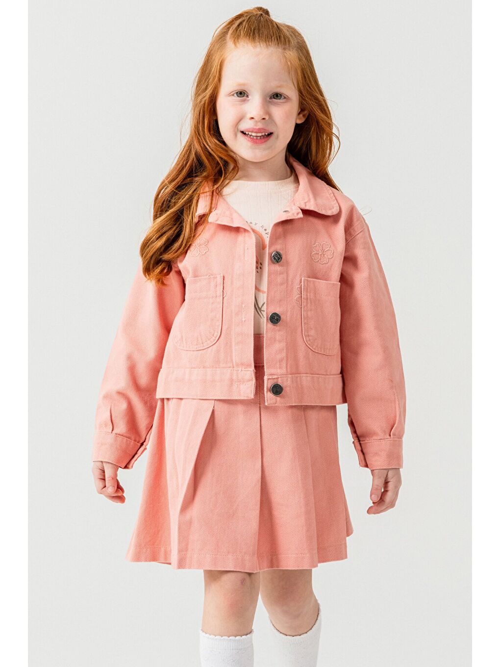 Pembe Somon Papatya Nakışlı Ceketli Kız Çocuk Jean Ceketli 3lü Takım 23433-3