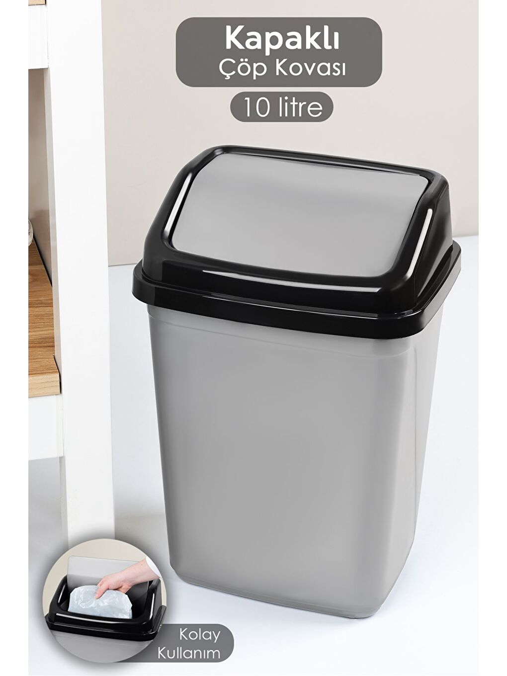 Kapaklı Plastik Çöp Kovası Ev Ofis Banyo Mutfak Çöp Kovası Gri 10 Litre