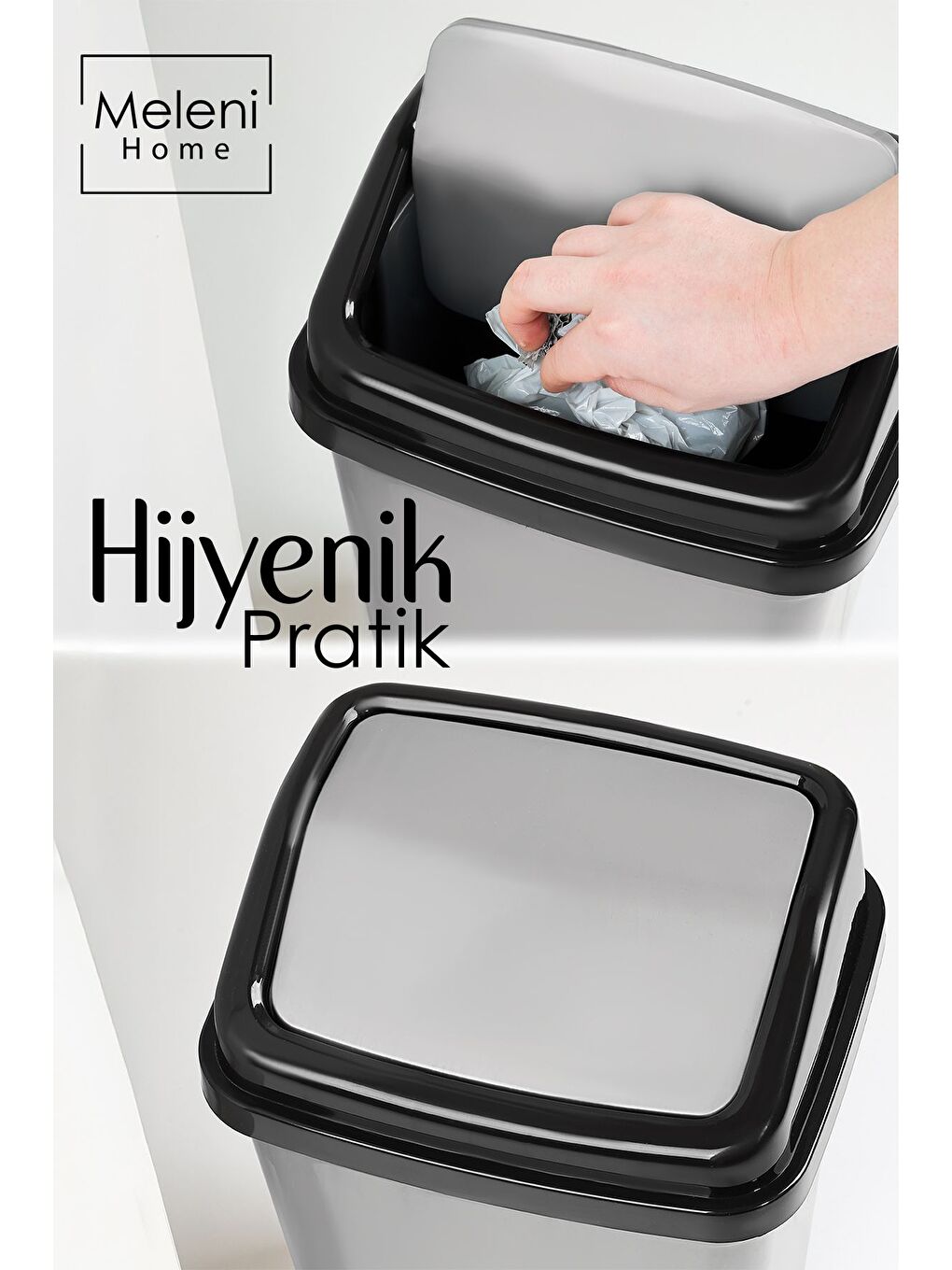 Kapaklı Plastik Çöp Kovası Ev Ofis Banyo Mutfak Çöp Kovası Gri 10 Litre-1