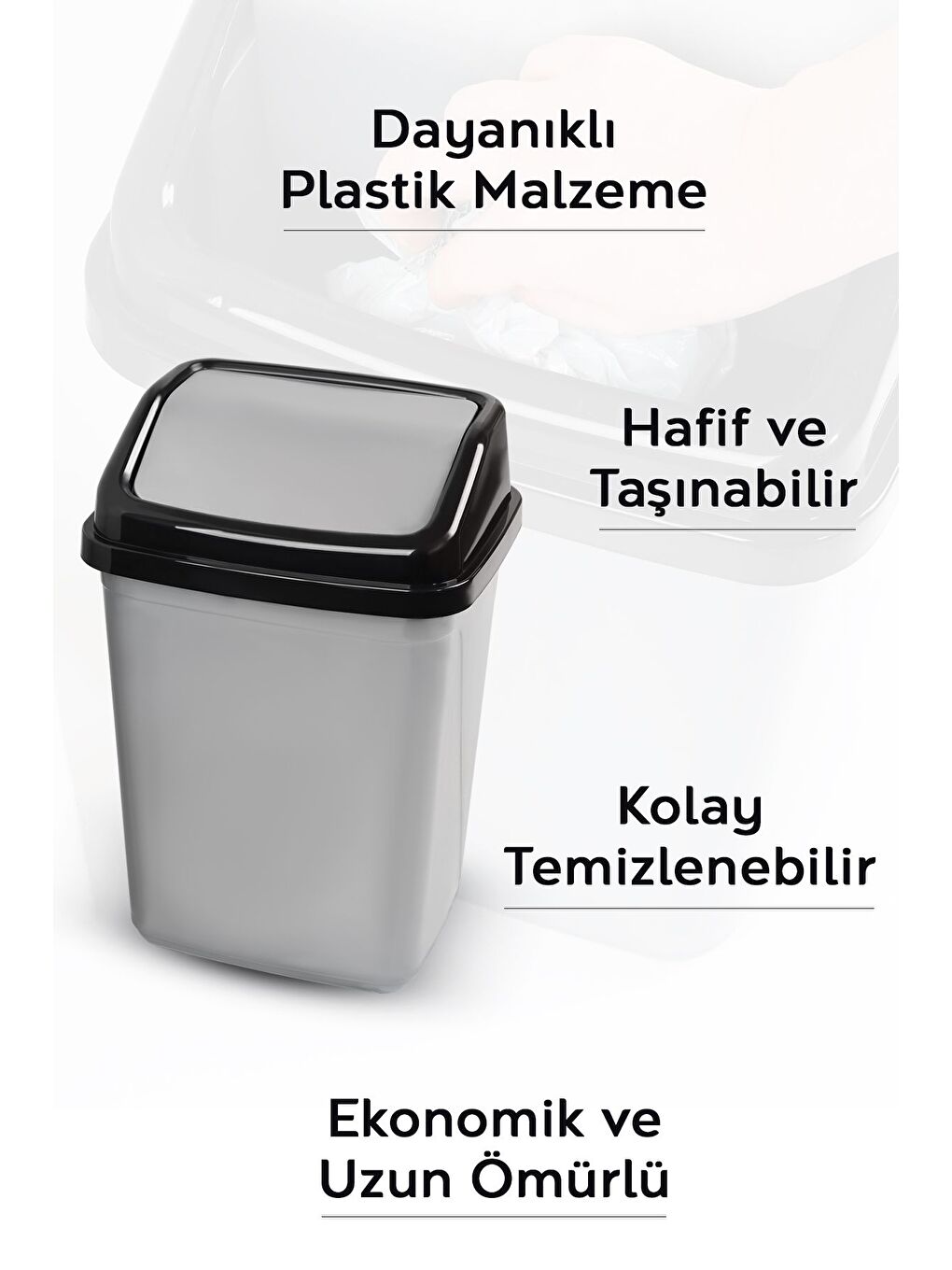 Kapaklı Plastik Çöp Kovası Ev Ofis Banyo Mutfak Çöp Kovası Gri 10 Litre-2