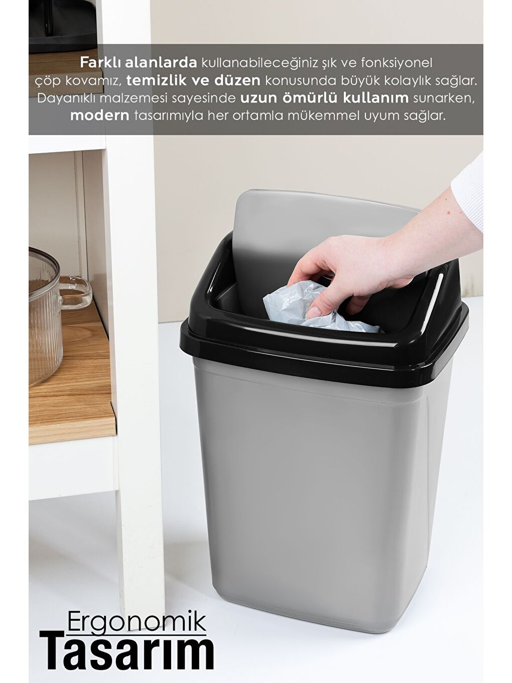 Kapaklı Plastik Çöp Kovası Ev Ofis Banyo Mutfak Çöp Kovası Gri 10 Litre-3