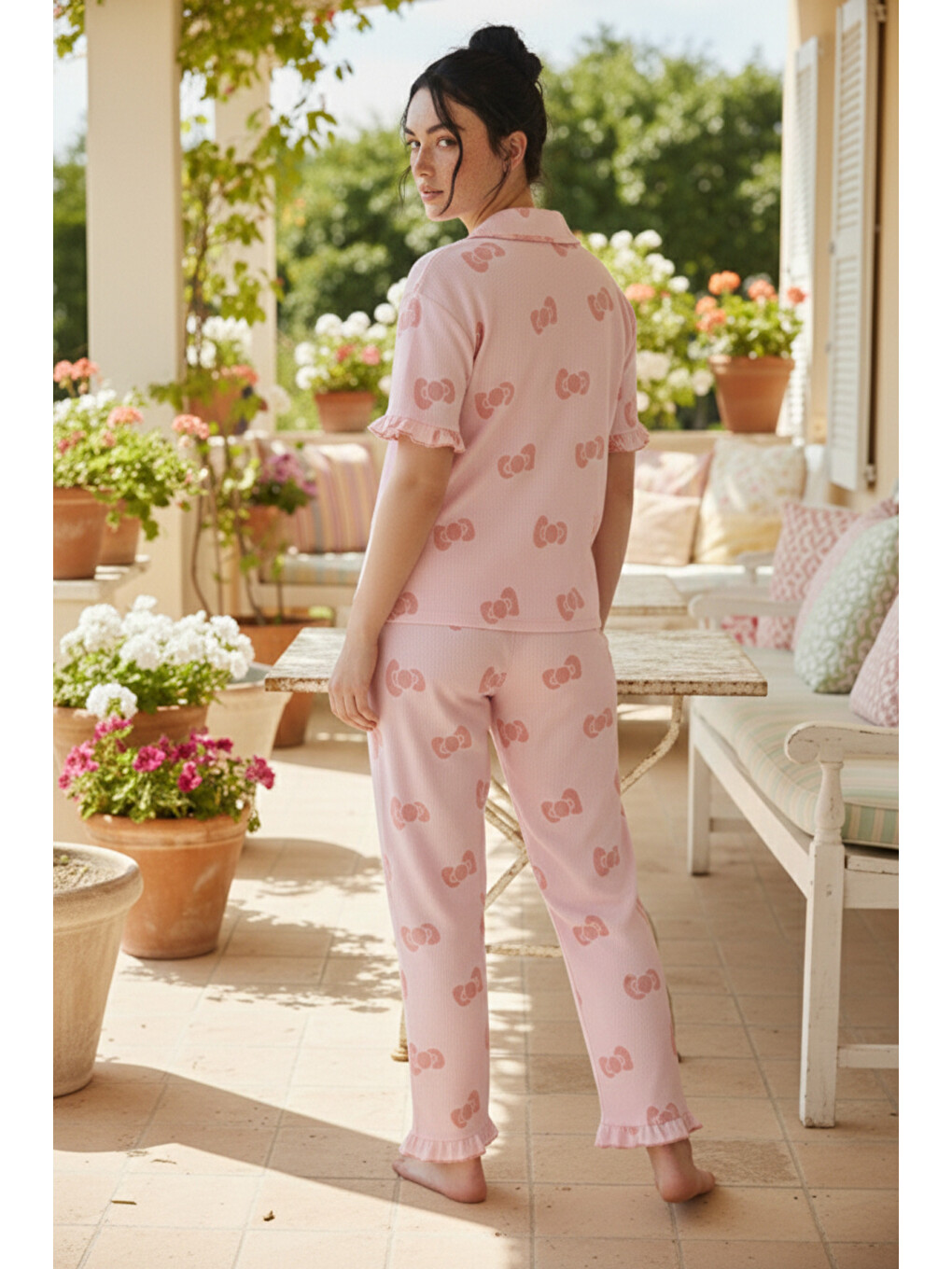 Pembe Fiyonk Desenli Bürümcük-krınkıl Büyük Beden Düğmeli Pijama Takım26120826-2