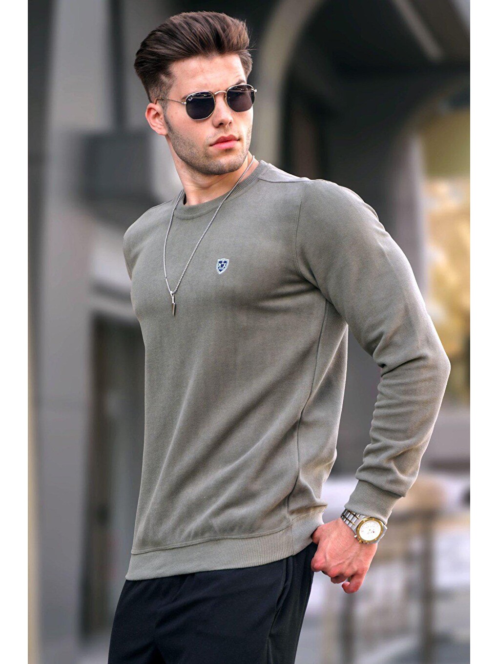 Açık Haki Bisiklet Yaka Regular Fit Basic Sweatshirt 5799
