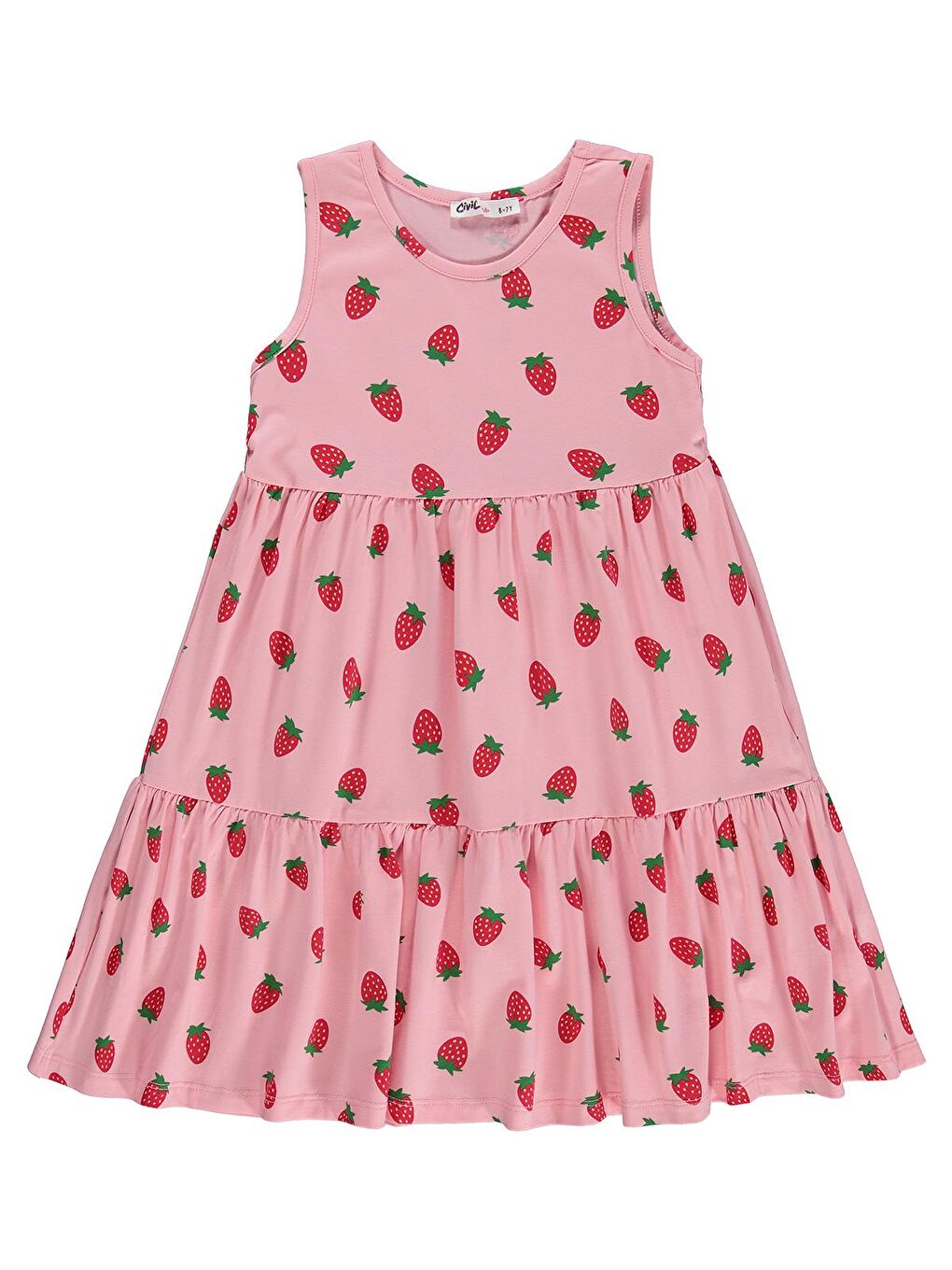Pembe Girls Çilek Desenli 6-9 Yaş Elbise - Pudra