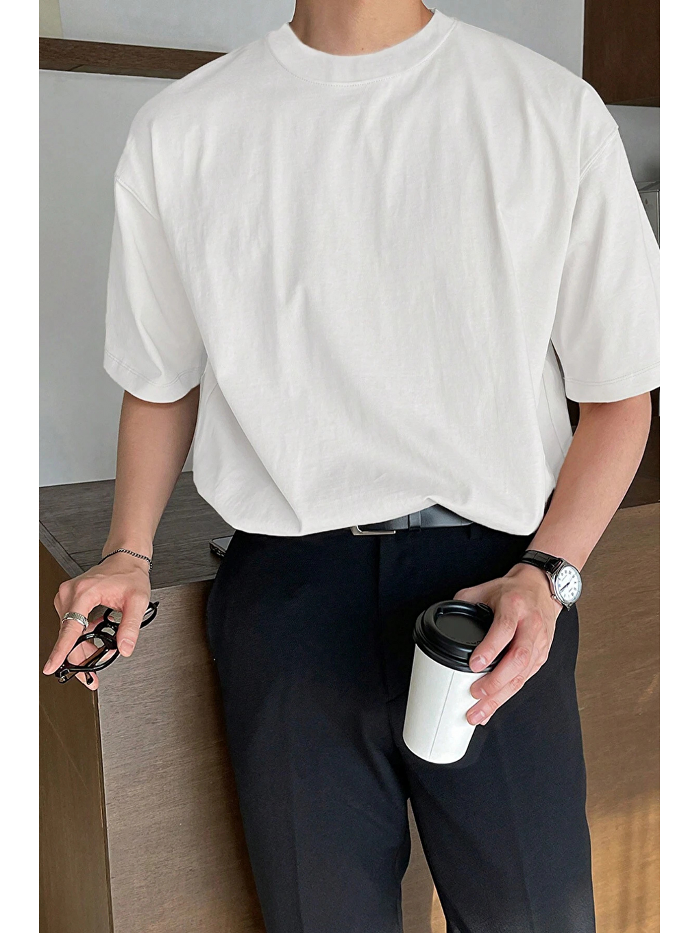 Beyaz Erkek Oversize Tişört Pamuk Kumaş Bisiklet Yaka Rahat Kalıp T-shirt-1