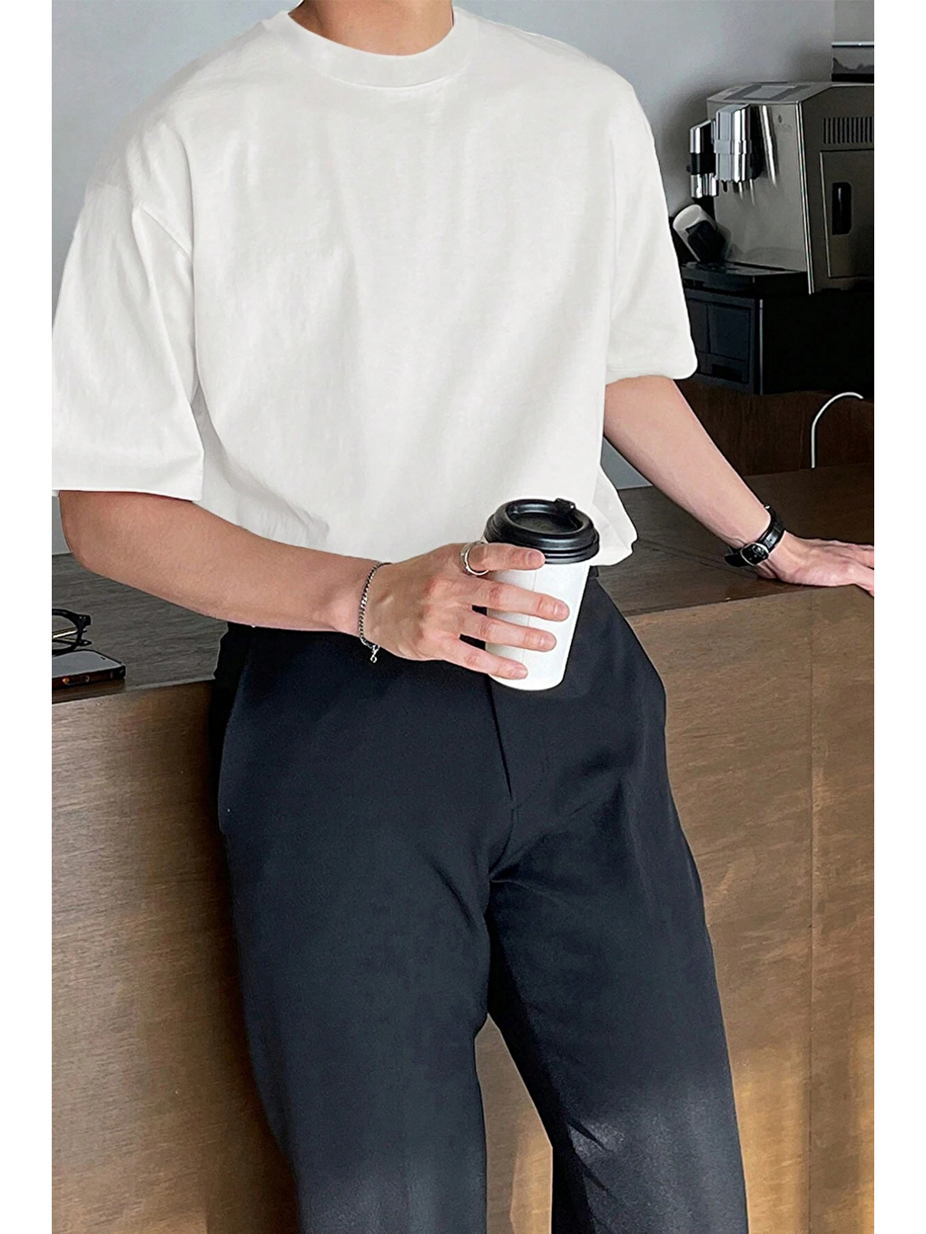 Beyaz Erkek Oversize Tişört Pamuk Kumaş Bisiklet Yaka Rahat Kalıp T-shirt-2