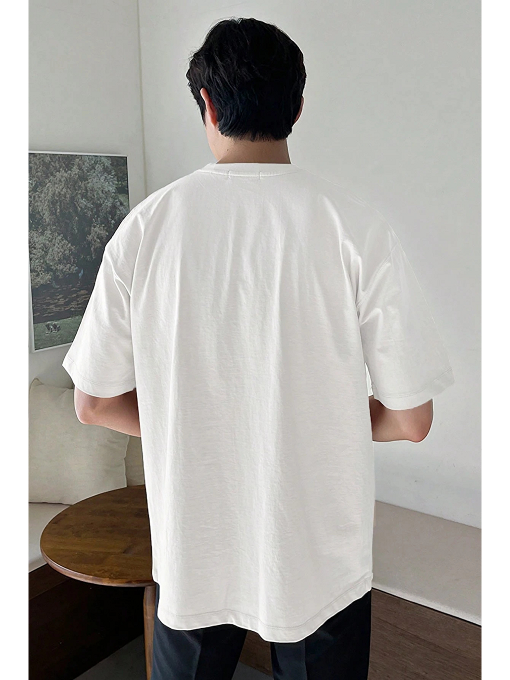 Beyaz Erkek Oversize Tişört Pamuk Kumaş Bisiklet Yaka Rahat Kalıp T-shirt-3