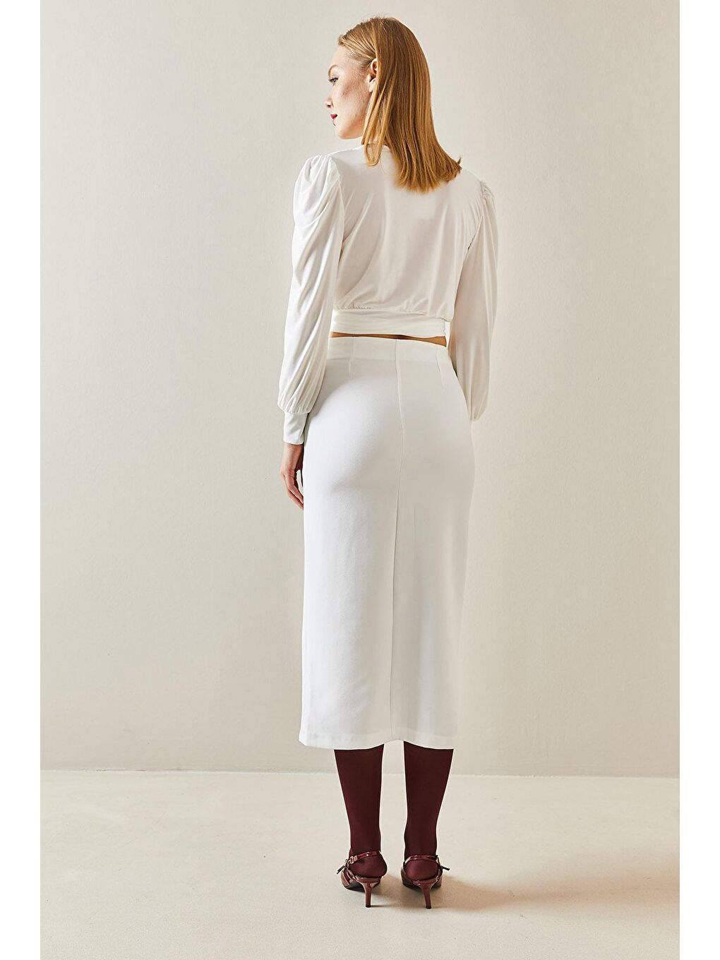 Beyaz Gül Detaylı & Yırtmaçlı Midi Etek 4KXK7-47877-01-4