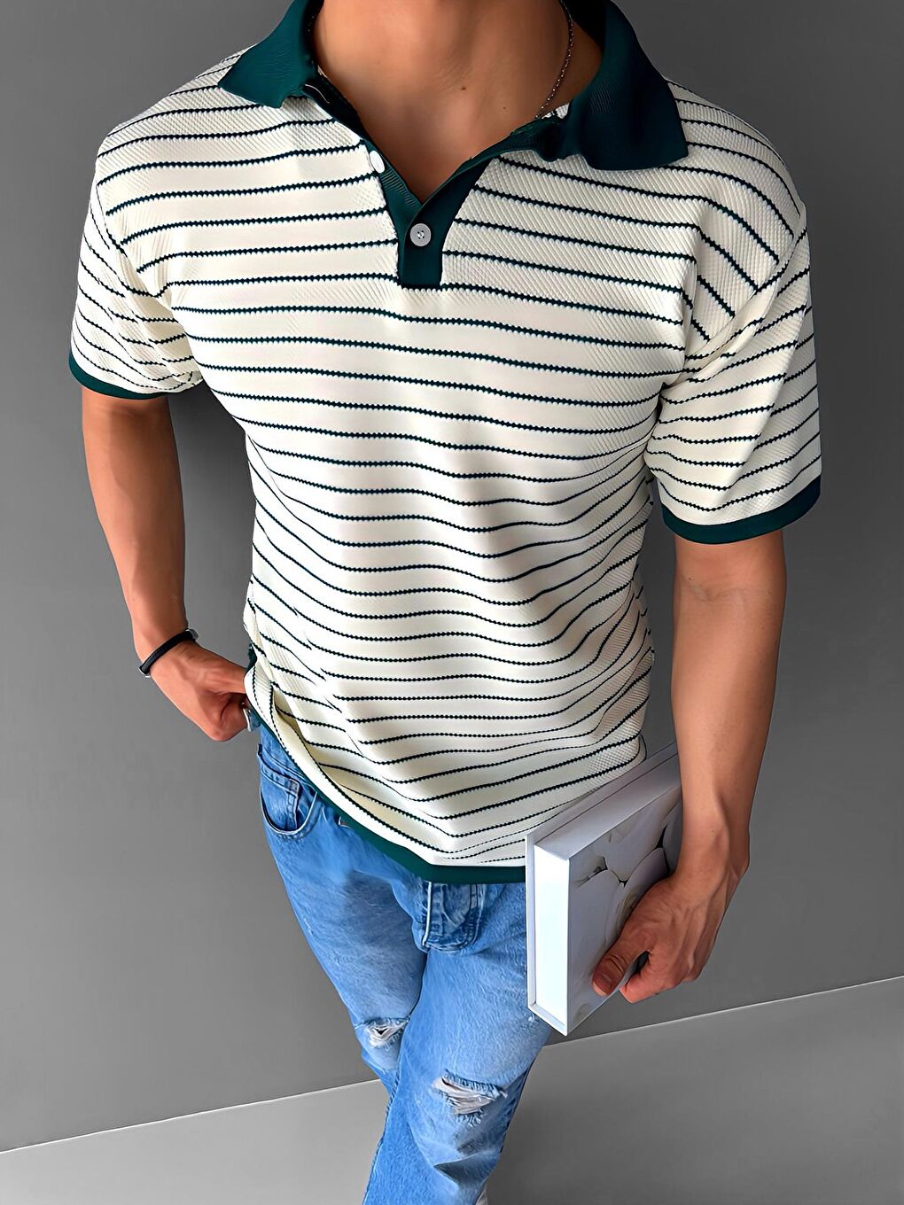 ablukaonline Erkek Regular Fit Esnek Düğmeli Polo Yaka Çizgili Esnek T-Shirt Yeşil - 2