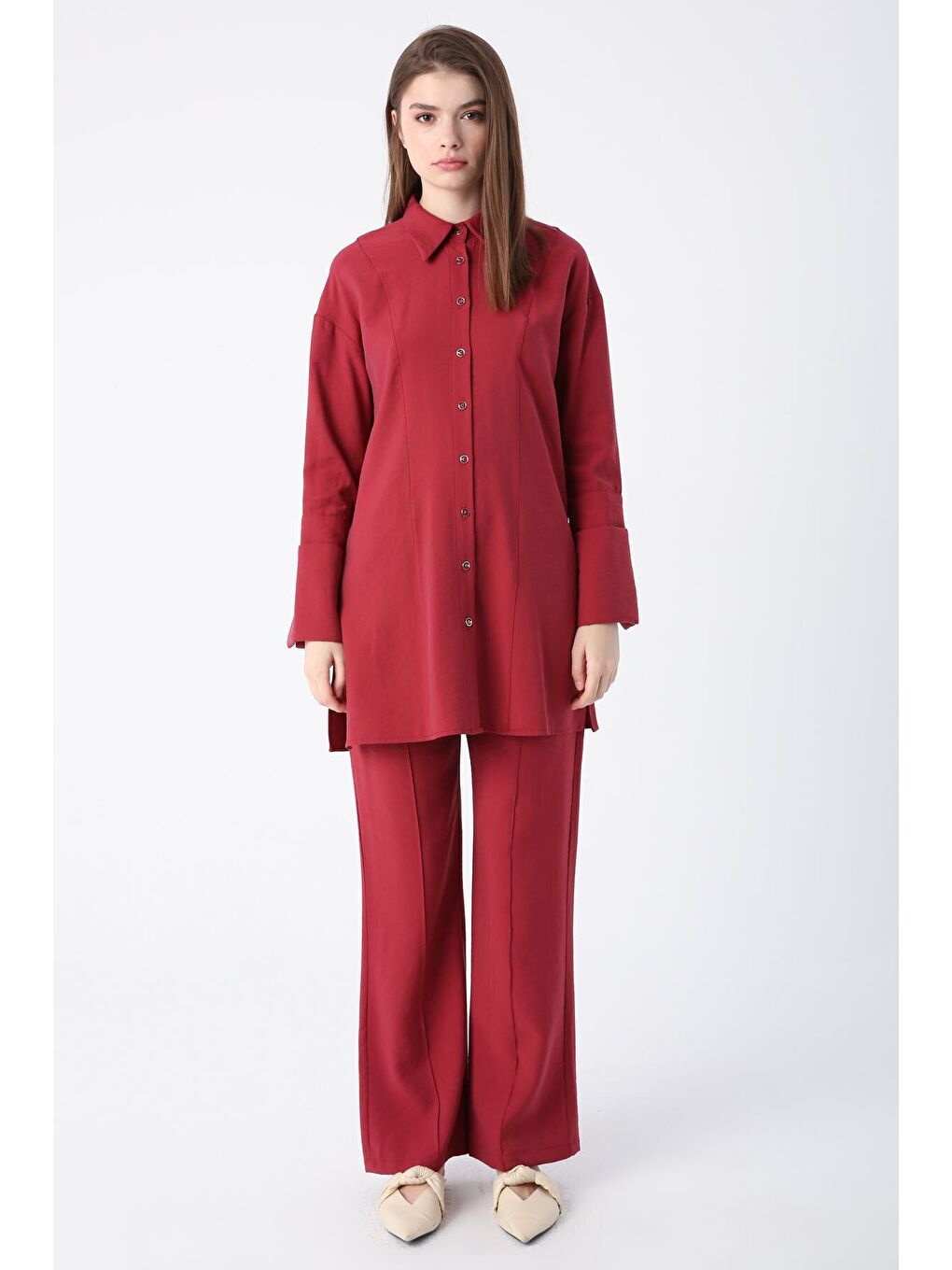 Bordo Geniş Manşetli Nervür Dikişli Viskon Pantolonlu Takım-1