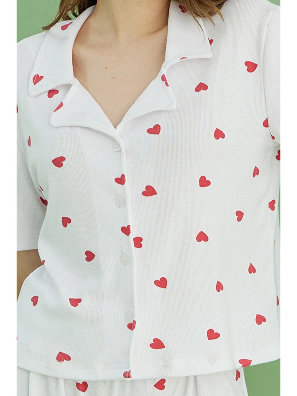 Beyaz Fitilli Kaşkorse Örme Düğmeli Gömlek Yaka Pijama Takım-1