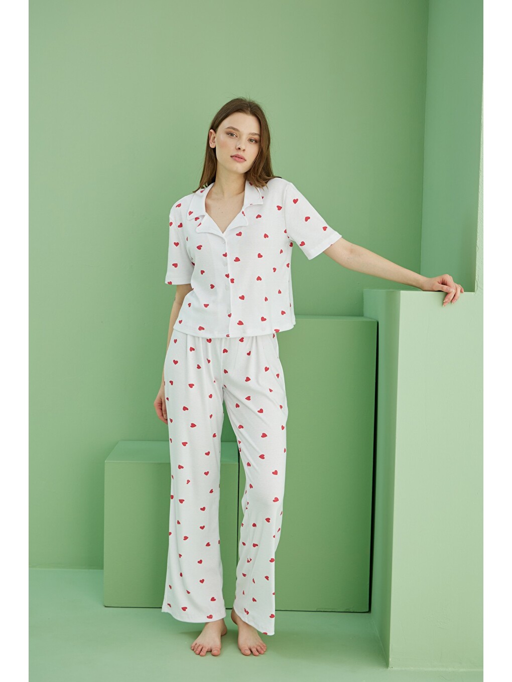 Beyaz Fitilli Kaşkorse Örme Düğmeli Gömlek Yaka Pijama Takım-2